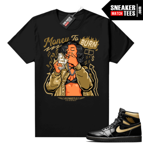 Jordan 1 Black Gold Metallic Sneaker Match Shirt Black Money To Burn