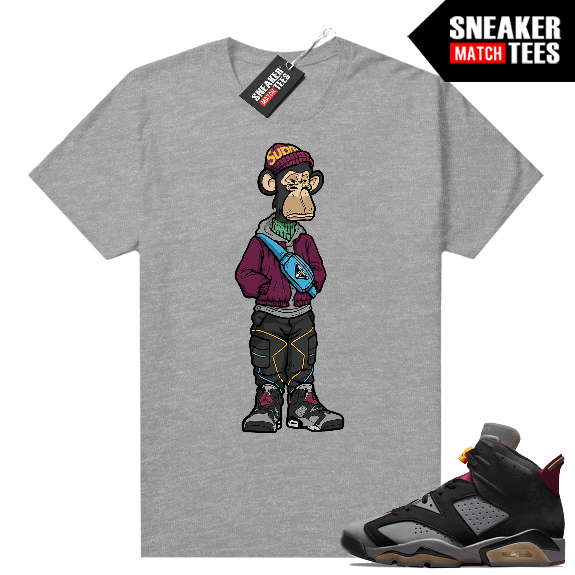 Bored Ape Yacht Club Sneakerhead Ape Bordeaux 6s Grey T shirt