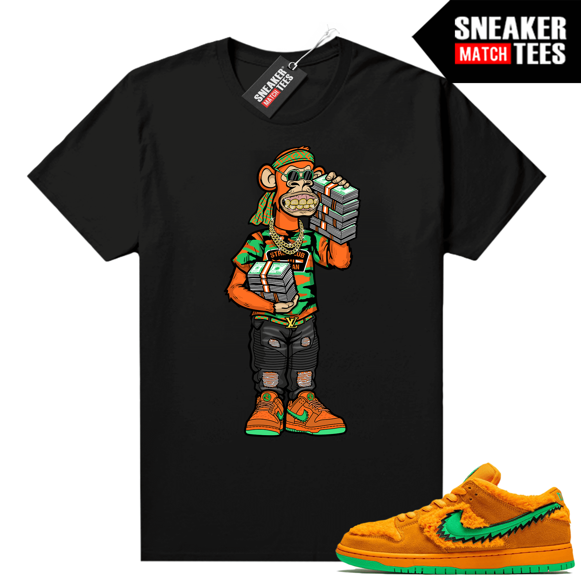 Bored Ape Yacht Club Sneakerhead Ape Grateful Dead Orange Bear Sb Dunk Black T shirt