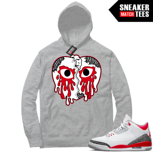 Fire red 3s Jordan Sneaker Match Hoodie Heather Grey Crying Heart