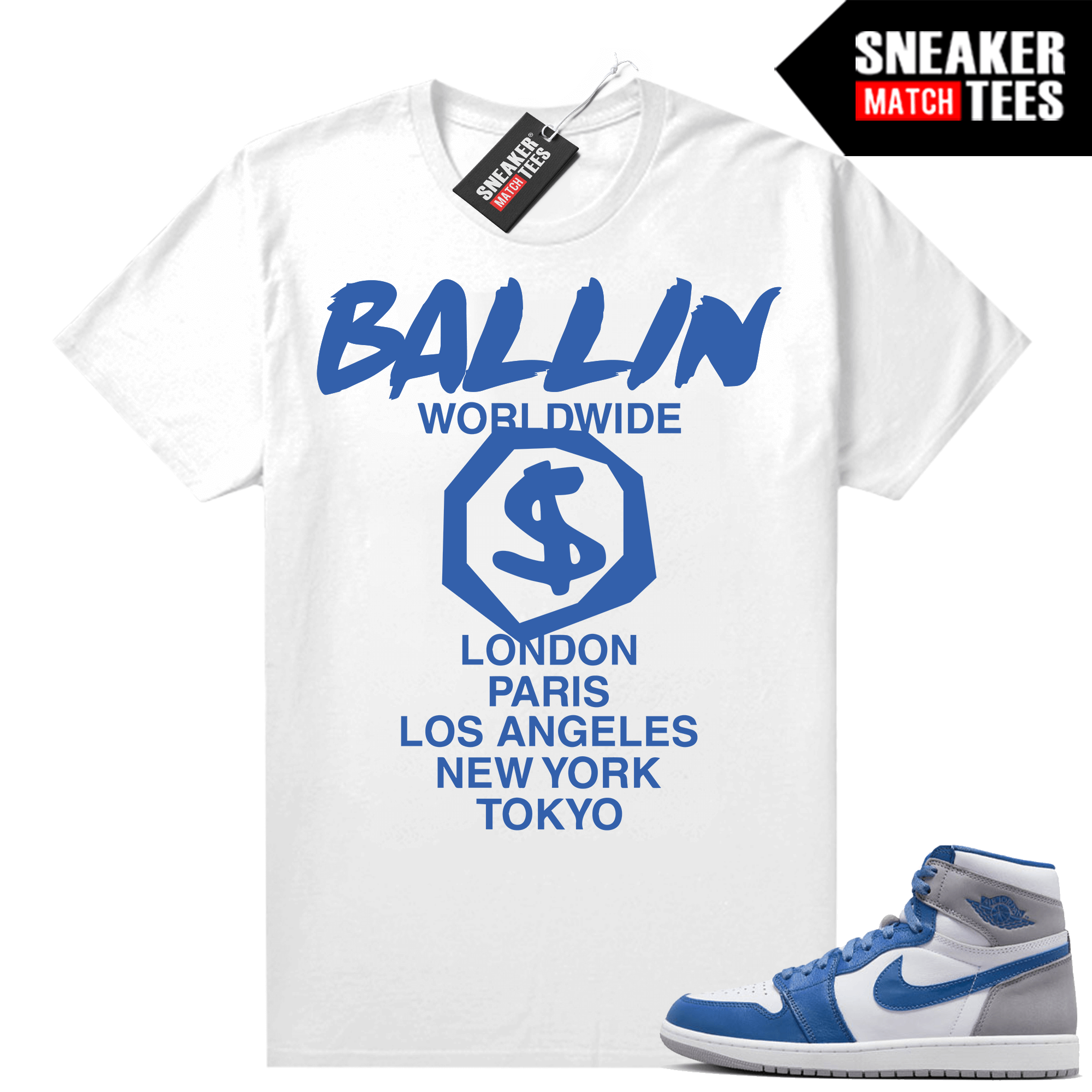 Jordan 1 True Blue shirts Sneaker Match White Ballin Worldwide