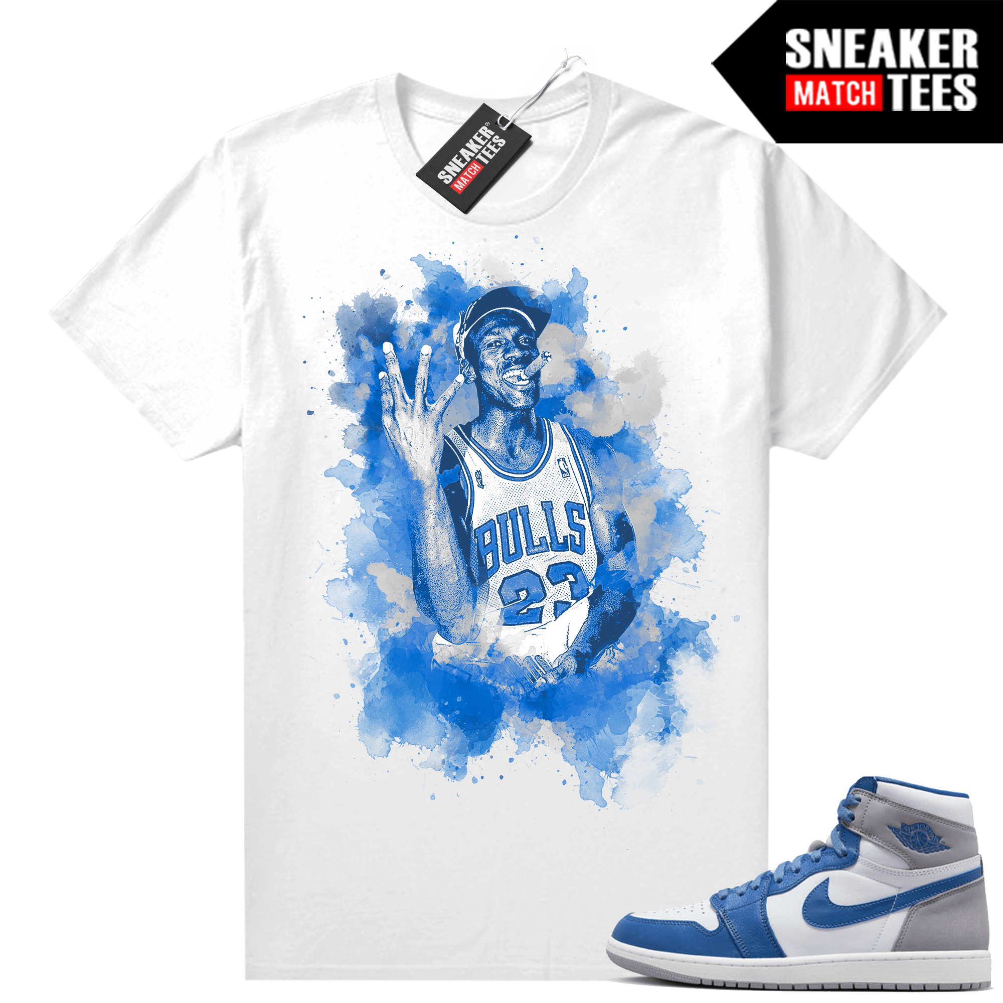 Jordan 1 True Blue shirts Sneaker Match White Cigar MJ Watercolor