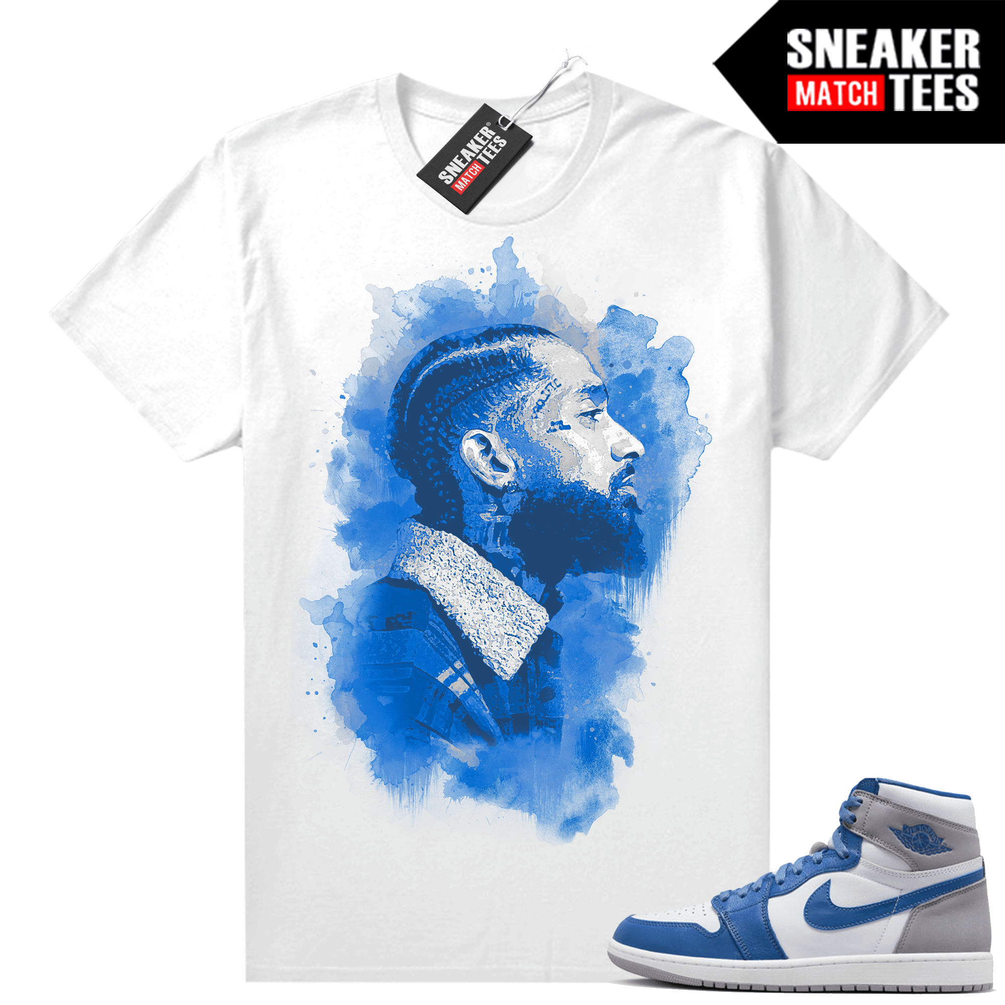 Jordan 1 True Blue shirts Sneaker Match White Nipsey Watercolor