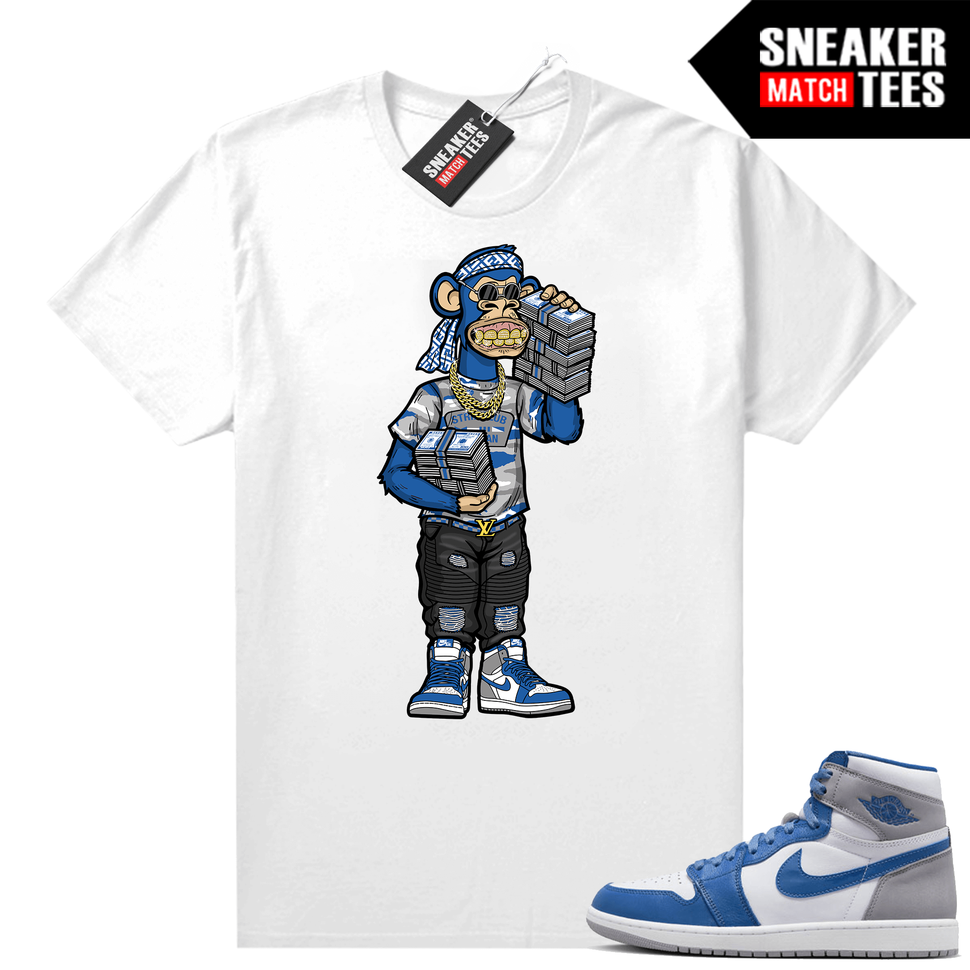 Jordan 1 True Blue shirts Sneaker Match White Rich Ape