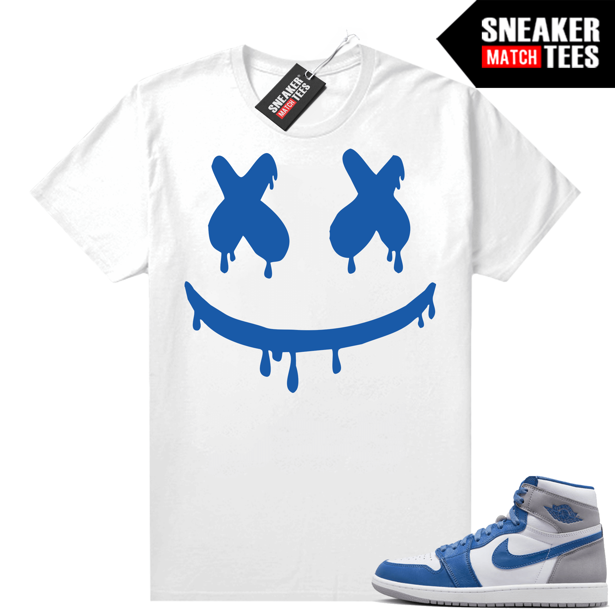 Jordan 1 True Blue shirts Sneaker Match White Smiley Drip