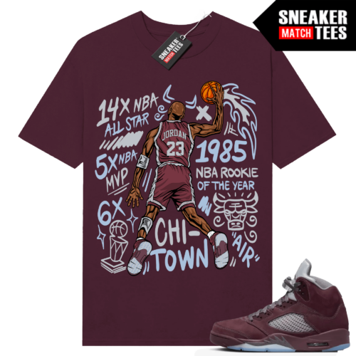 Jordan 5 Burgundy T-shirt Sneaker Match Maroon MJ Accolades Slam Dunk