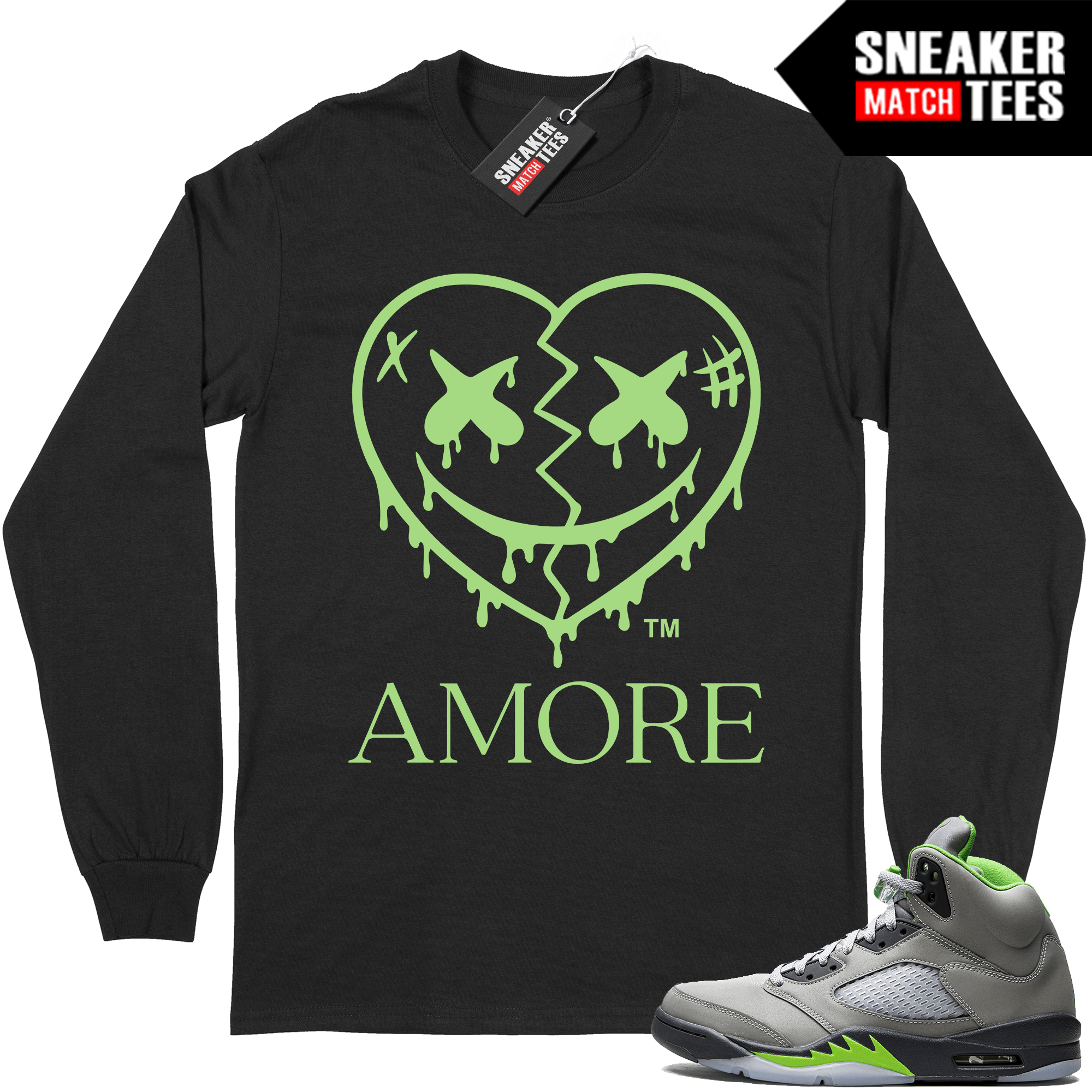 we now have a detailed look at the Air Jordan 5 UNC PE Long Sleeve shirt Sneaker Match Black AMORE Crazy Love Heart