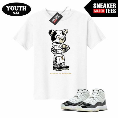 Jordan 11 DMP Gratitude Sneaker Match Youth T-shirt White Standing On Business Bear
