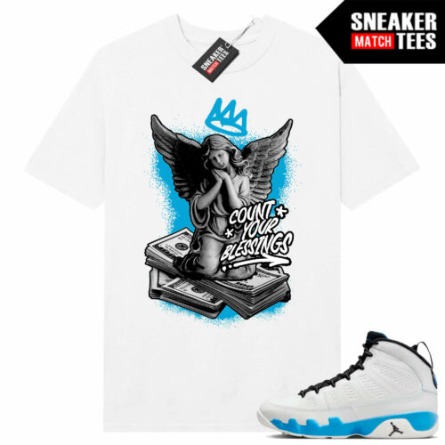 Jordan 9 Powder Blue Sneaker Tees Match White Shirt Count EU44.5 Blessings