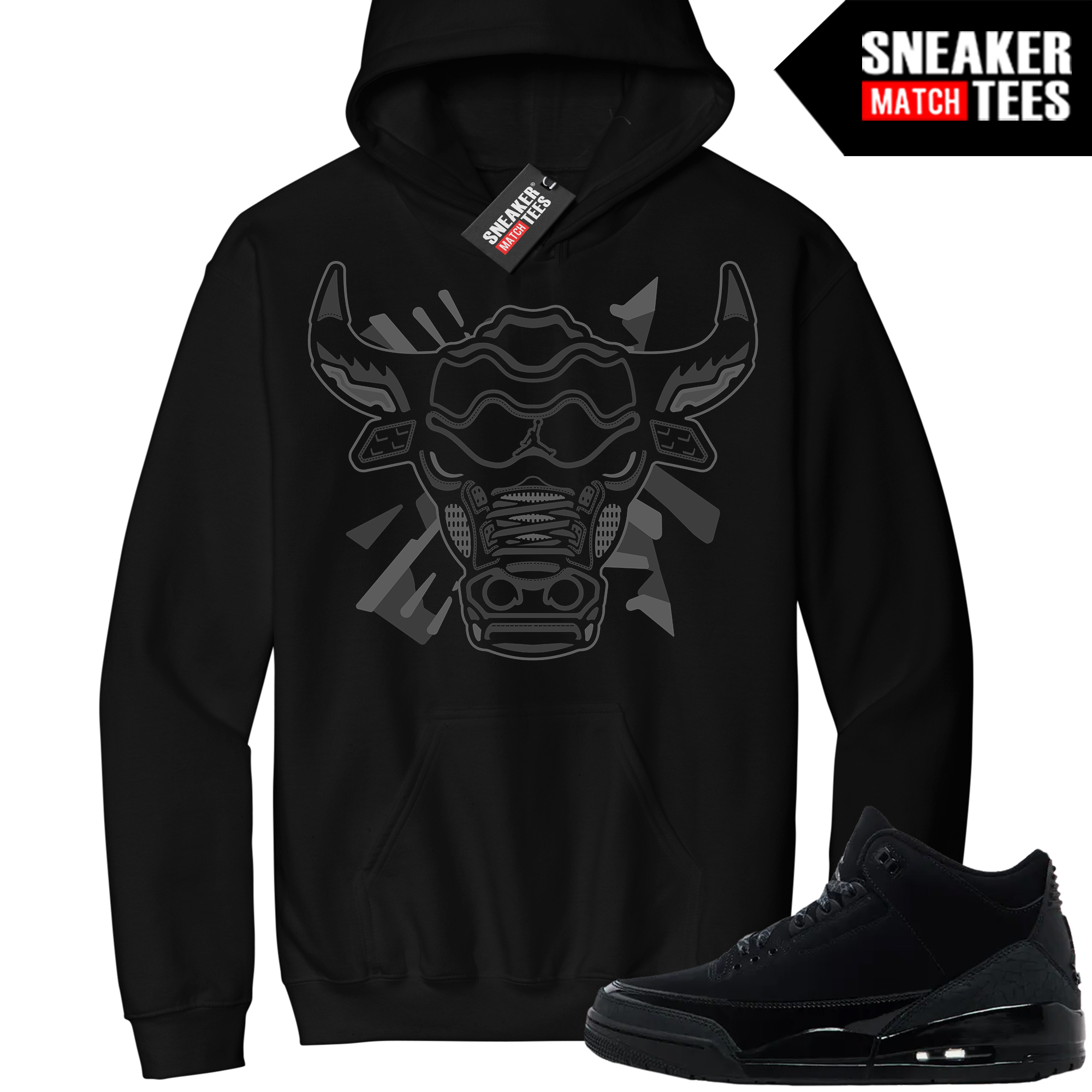 Jordan 3 Black Cat Sneaker Match Hoodie Black Retro Bull