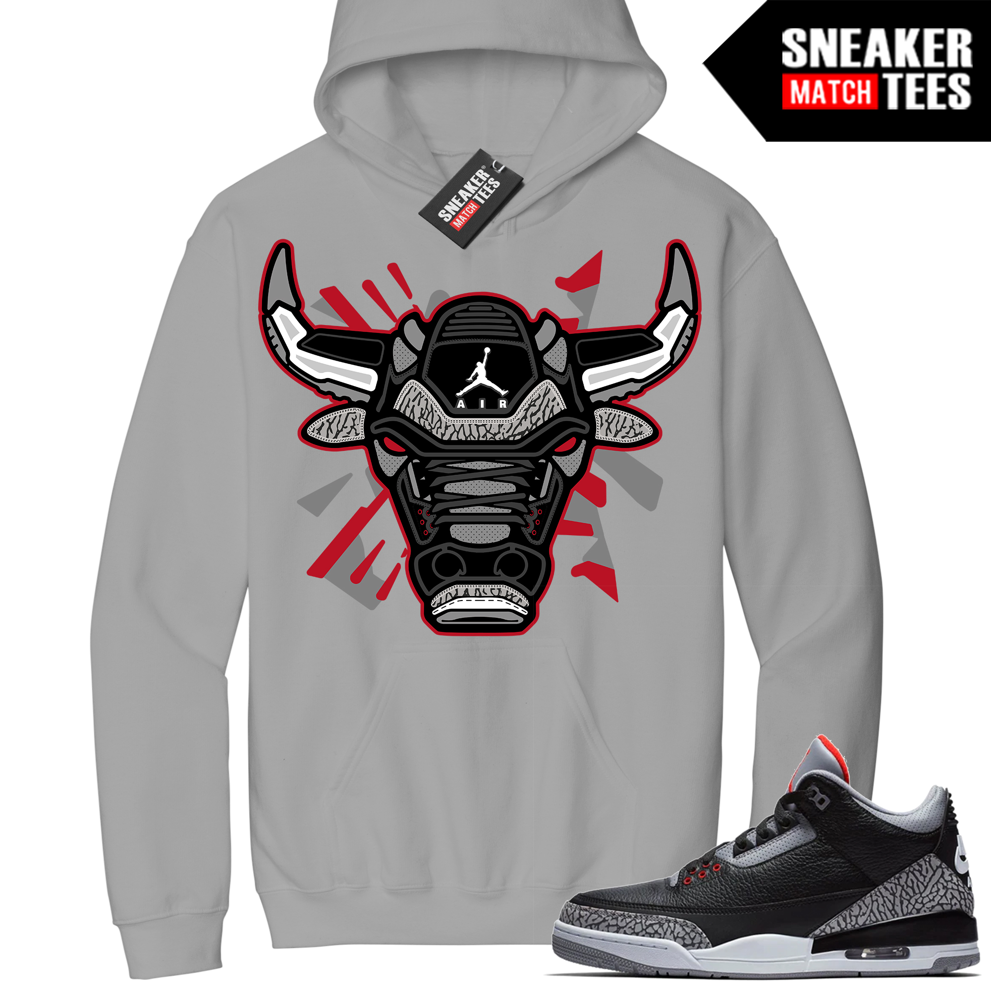 Jordan 3 Black Cement Sneaker Match Hoodie Cement Grey Retro Bull