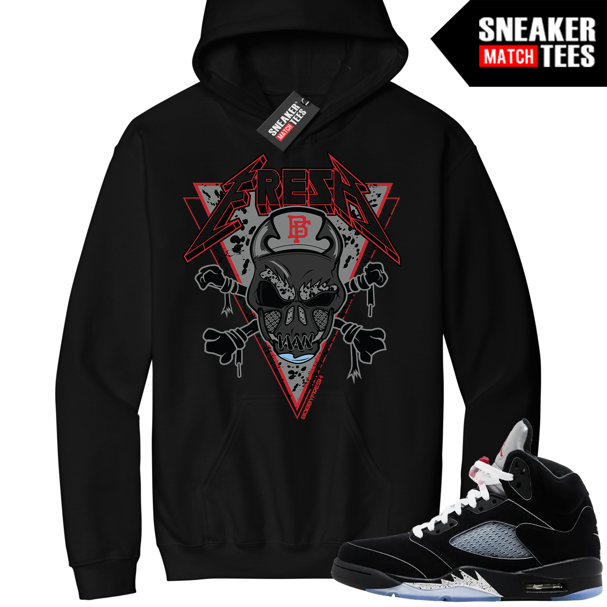 Jordan 5 Black Metallic Sneaker Match Hoodie Black Bobby Fresh Skull