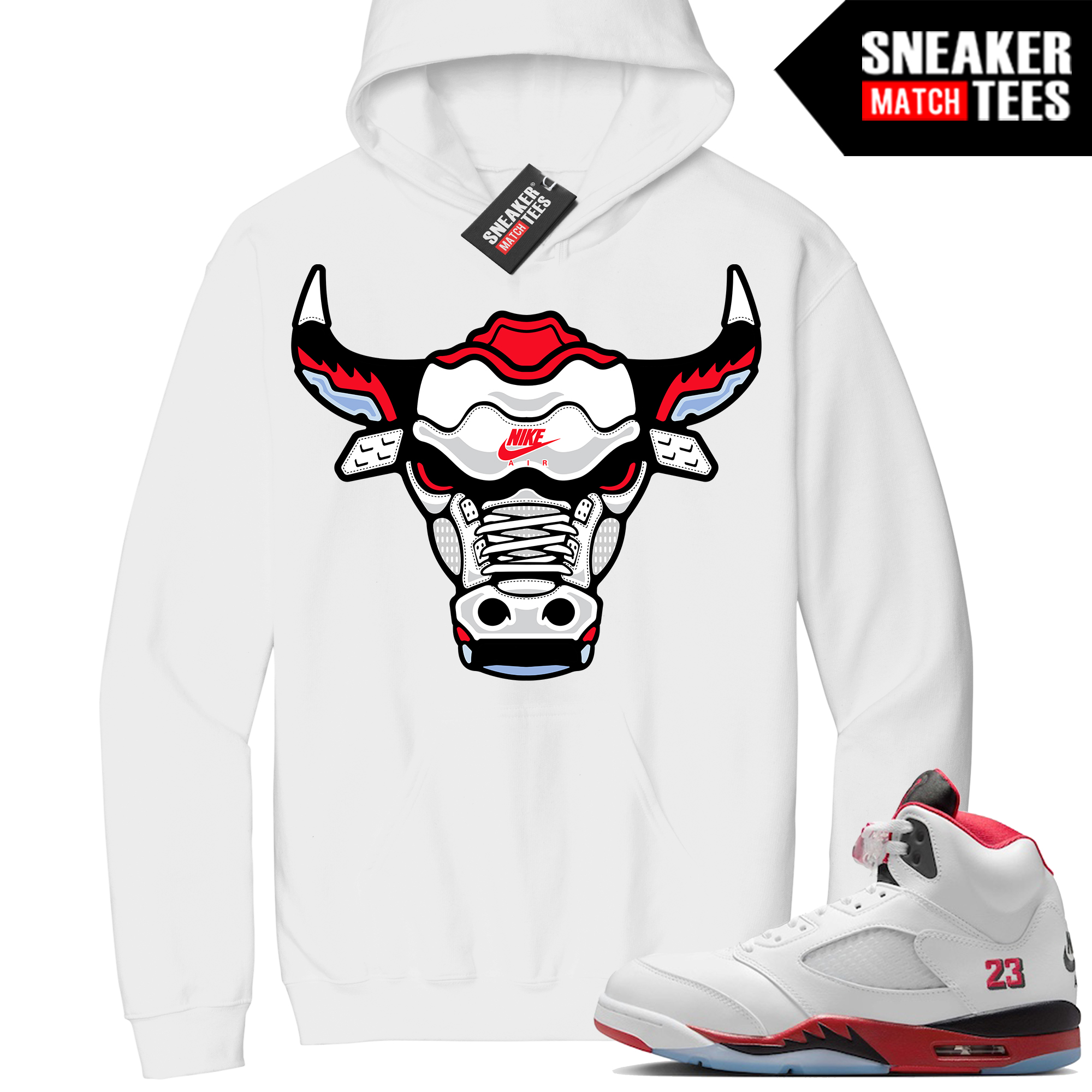 Jordan 5 Fire Red Sneaker Match Hoodie White Retro Bull