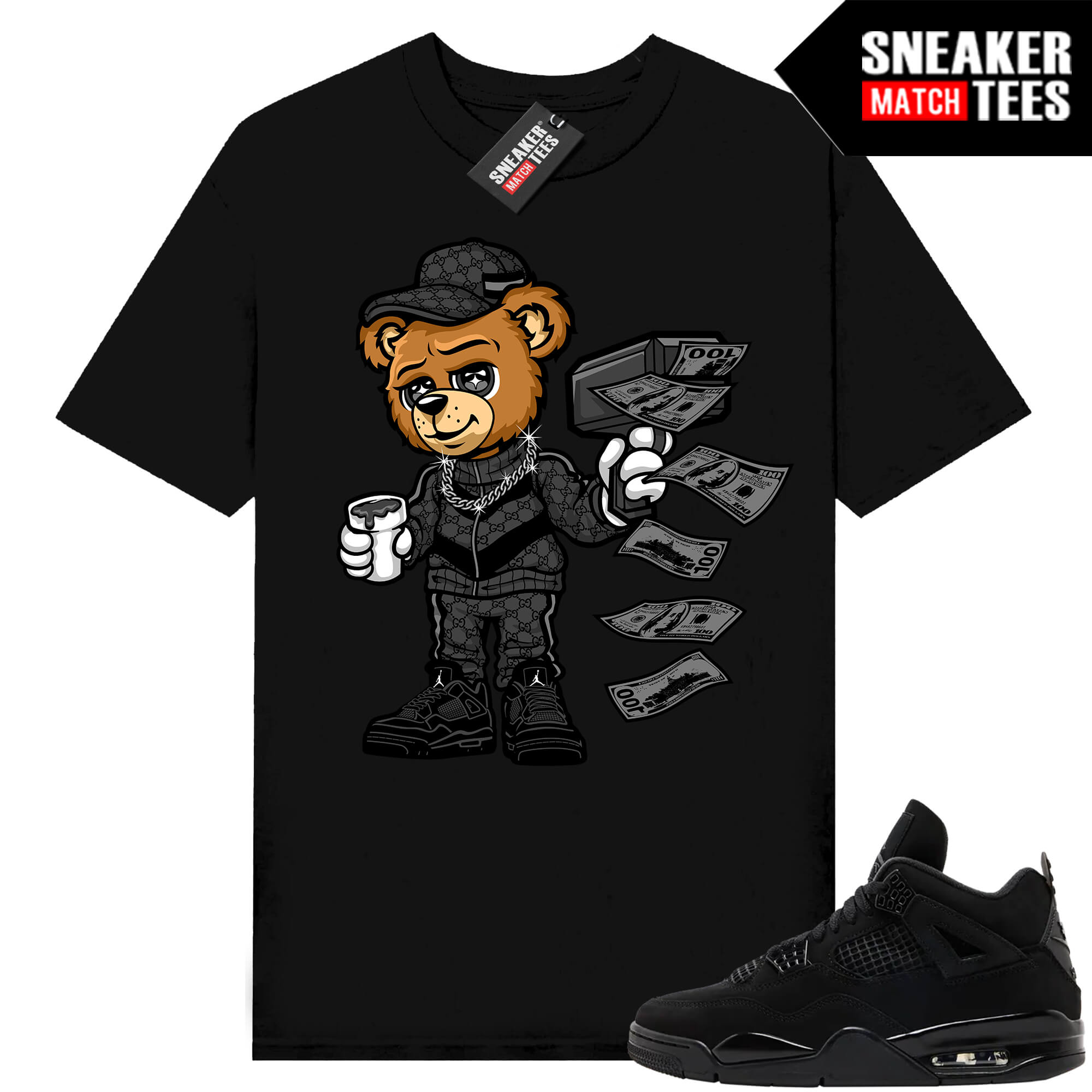 Black Cat 4s Jordan Match Tees Black Shirt Cash Canon Bear