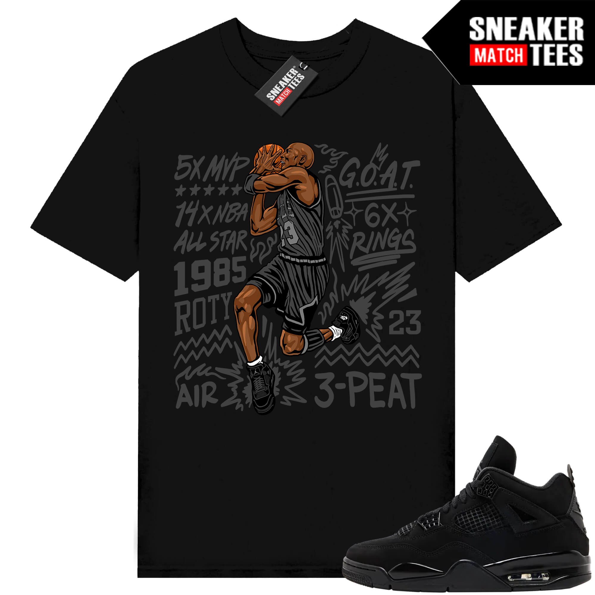 Black Cat 4s Jordan Match Tees Black Shirt MJ Goat