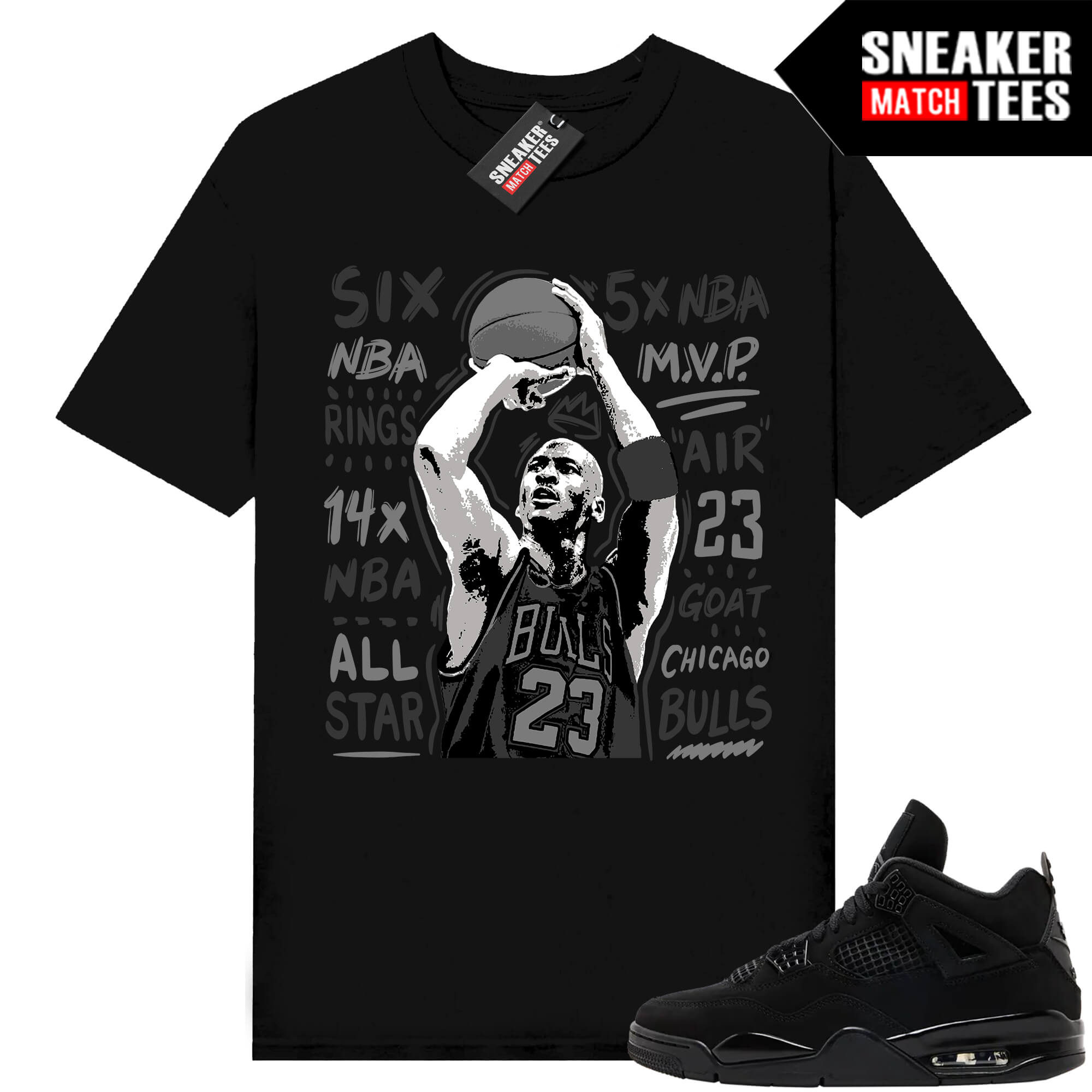 Black Cat 4s Jordan Match Tees Black Shirt MJ Jumper