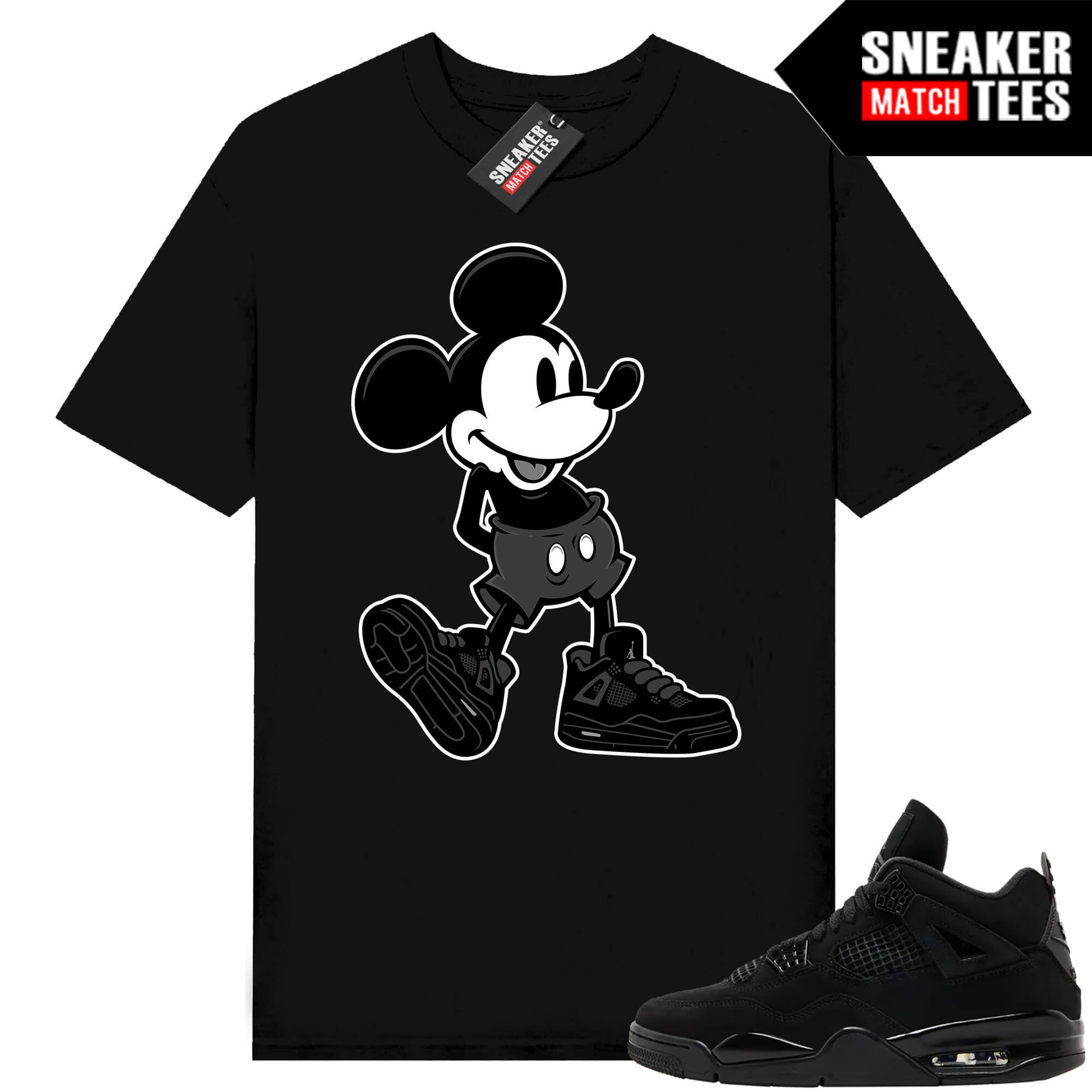 Black Cat 4s Jordan Match Tees Black Shirt Sneakerhead Mickey