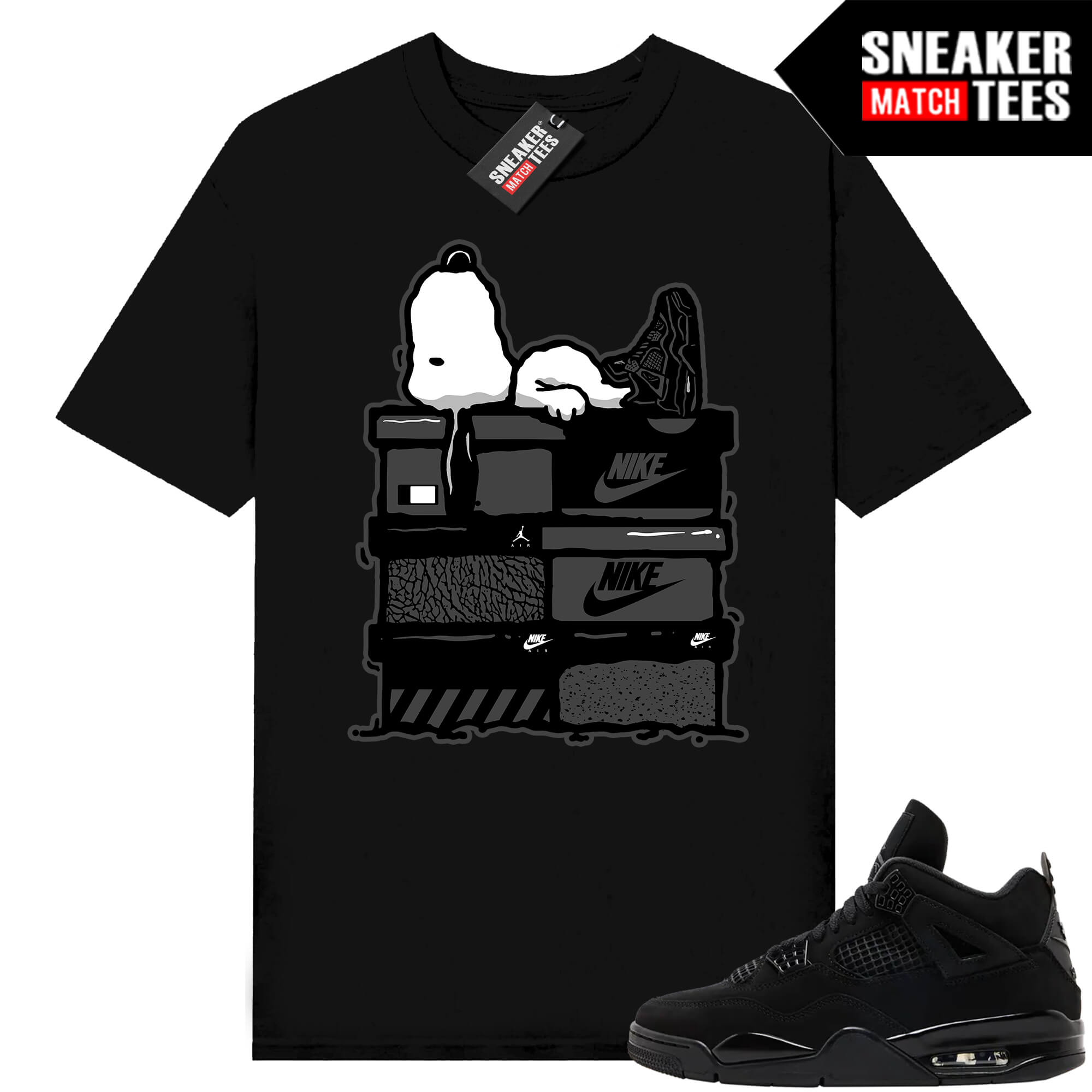 Black Cat 4s Jordan Match Tees Black Shirt Sneakerhead Snoopy