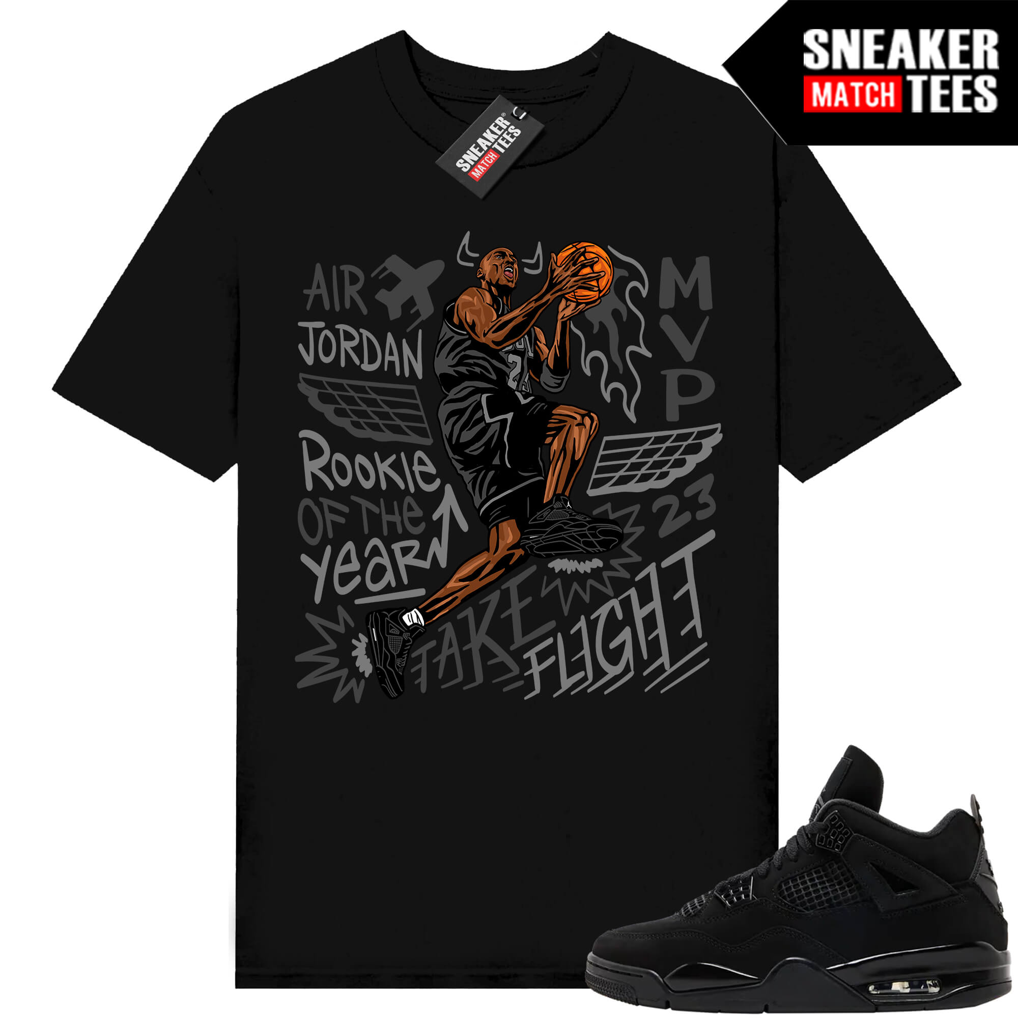 Black Cat 4s Jordan Match Tees Black Shirt Take Flight