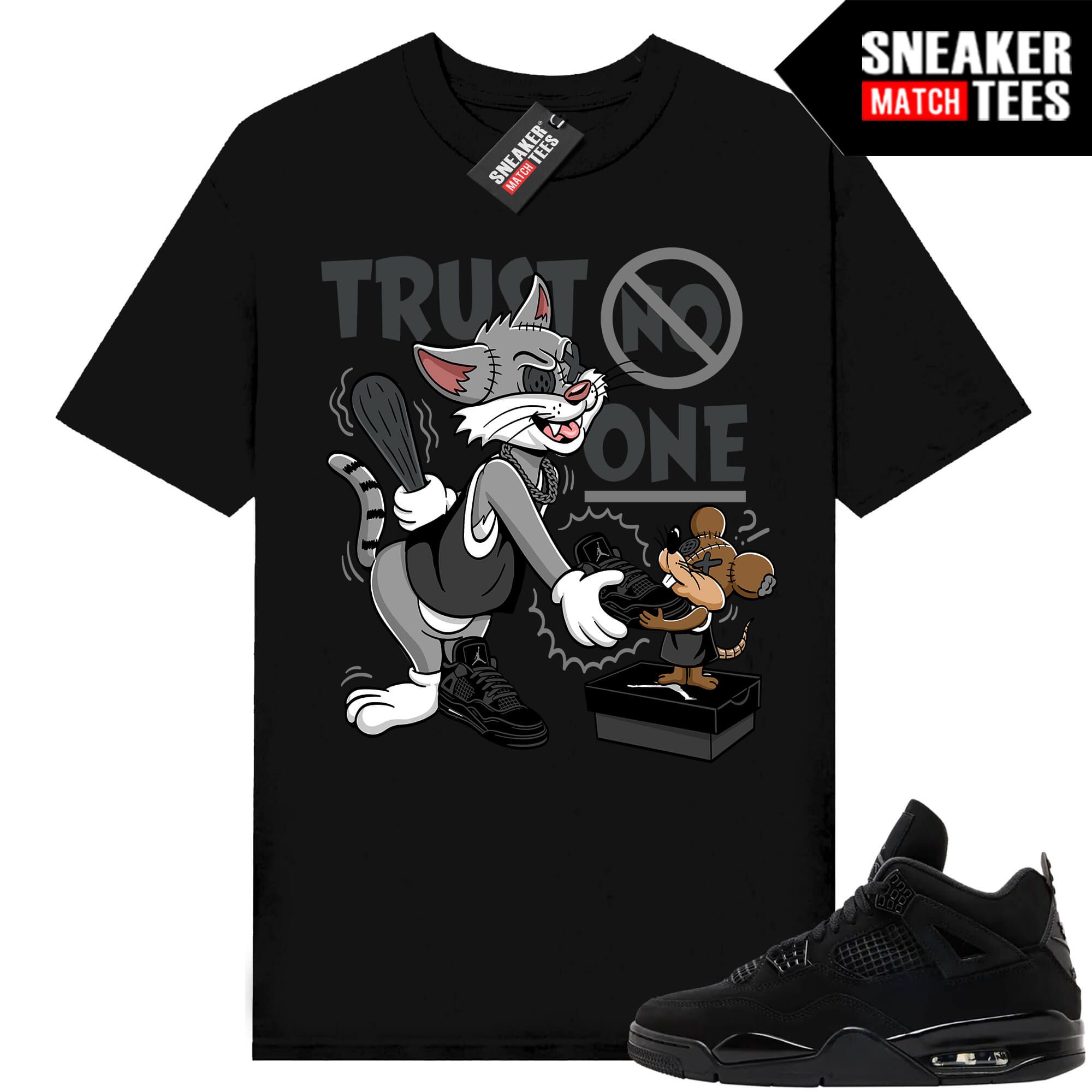 Black Cat 4s Jordan Match Tees Black Shirt Trust No One Cartoon