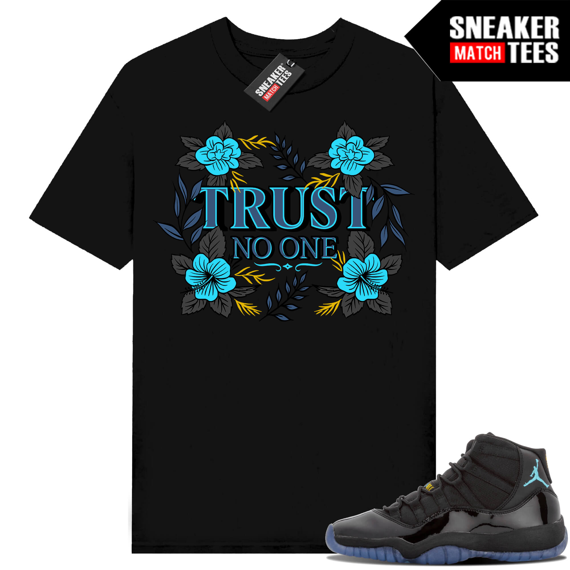 Gamma Blue 11s Sneaker Match Tees Black Floral Trust No One