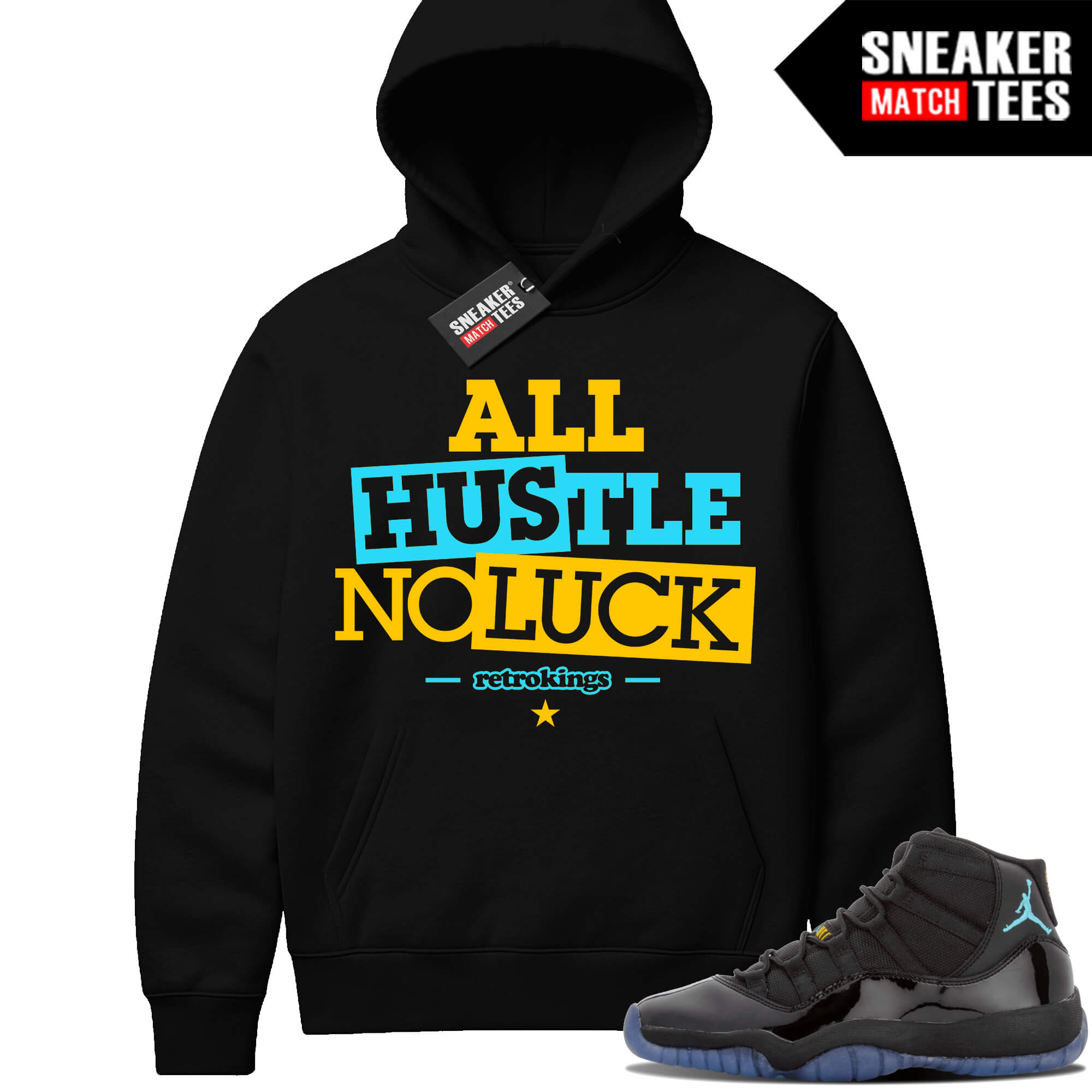 Gamma Blue 11 Sneaker Match Black Hoodie All Hustle No Luck