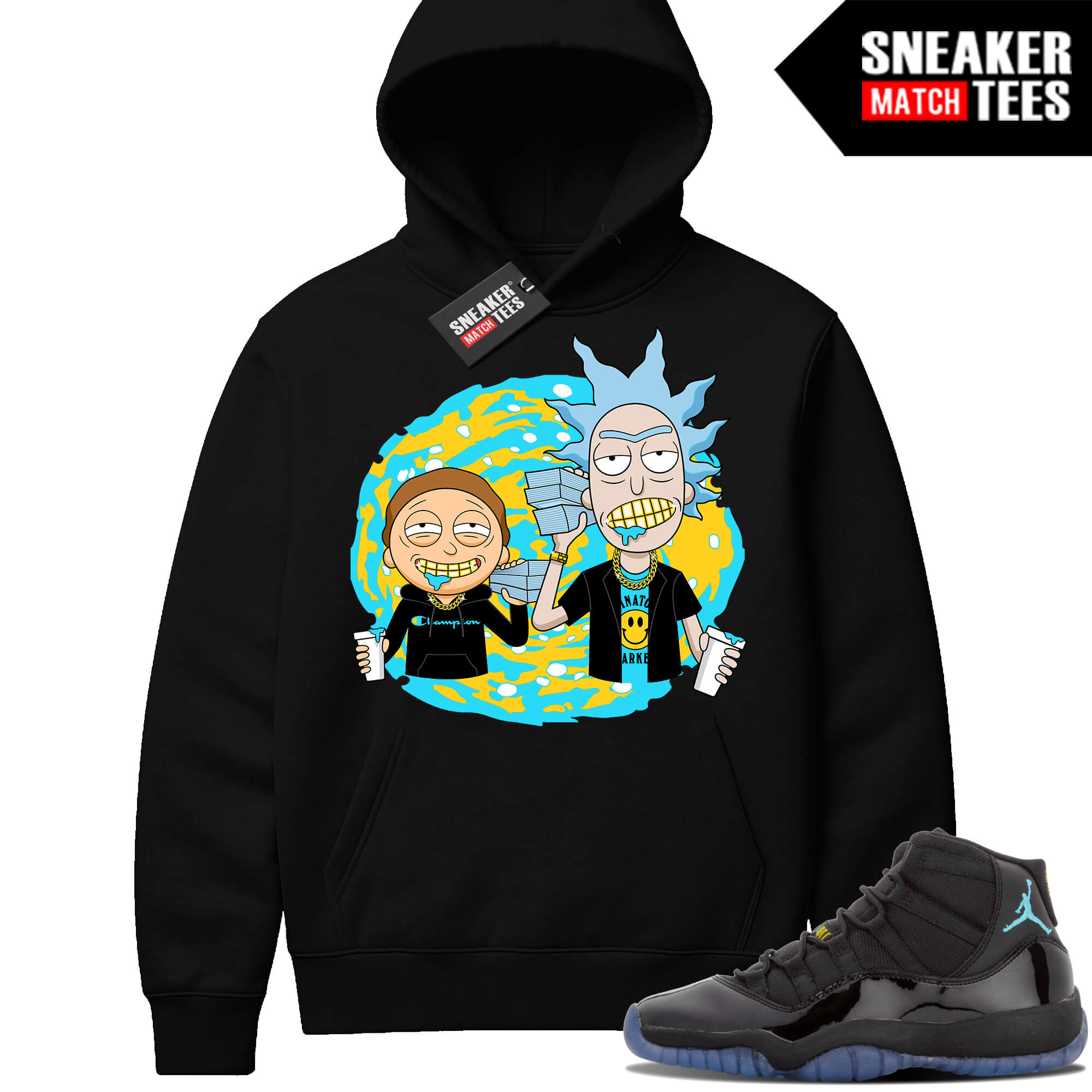 Gamma Blue 11 Sneaker Match Black Hoodie Rick Morty Trap