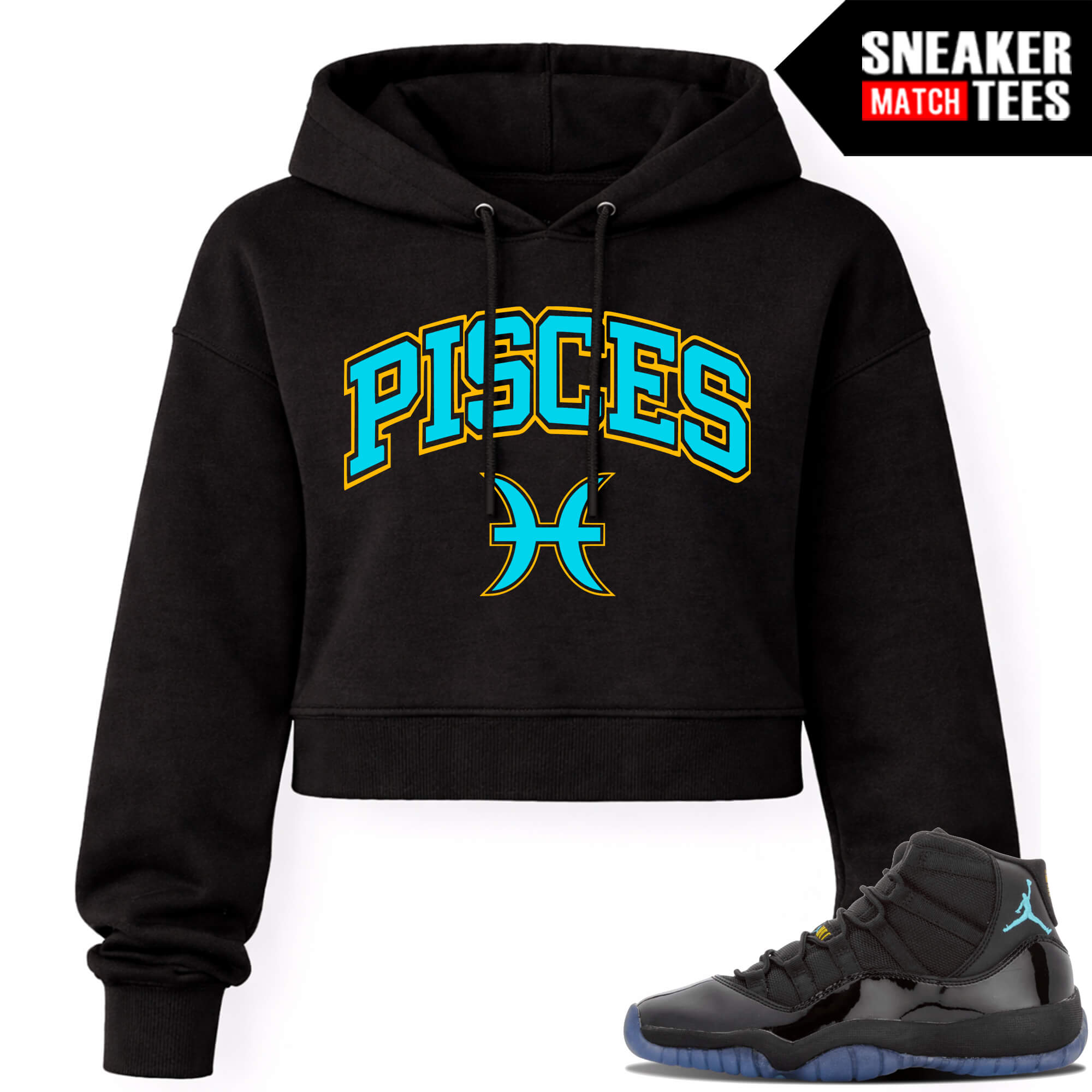 Gamma Blue 11s Sneaker Match Womens Crop Hoodie Black PISCES