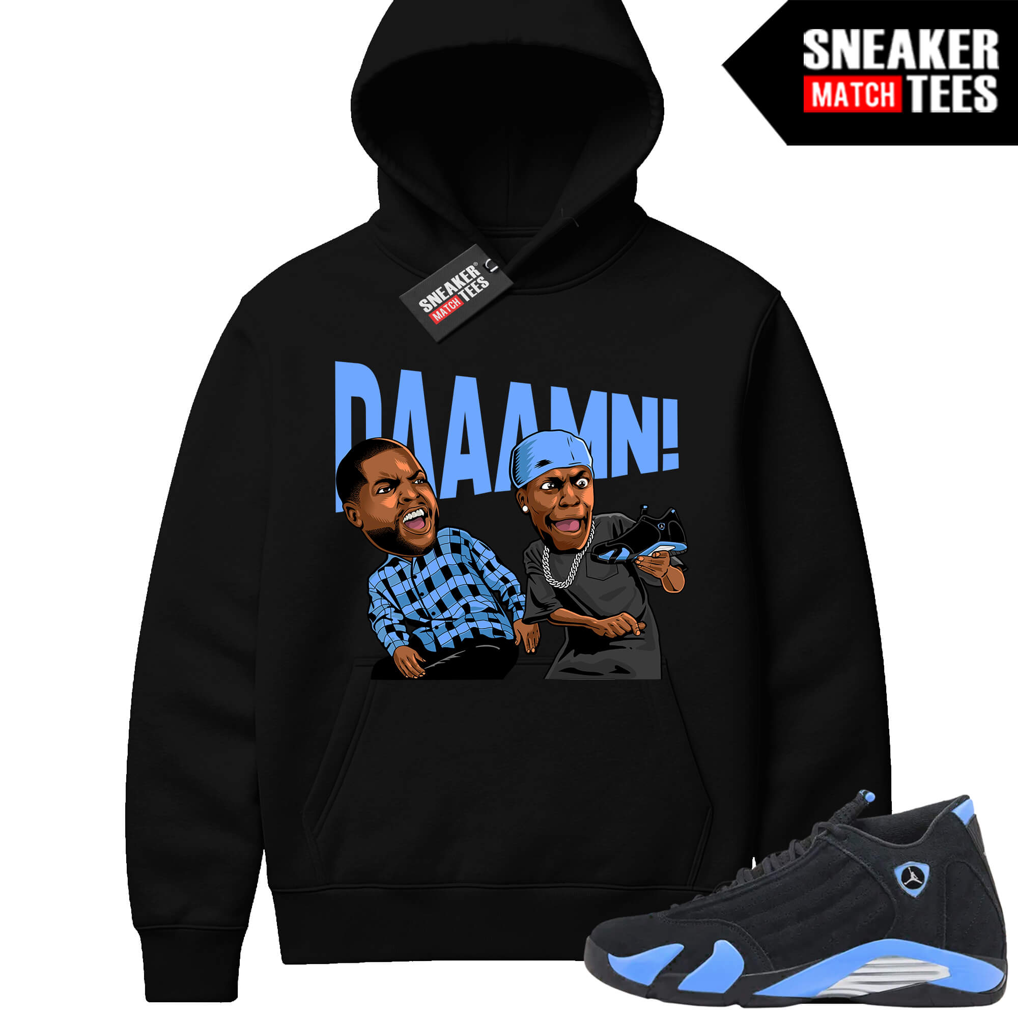 Jordan 14 Black University Blue Sneaker Match Hoodie Black DAAAMN