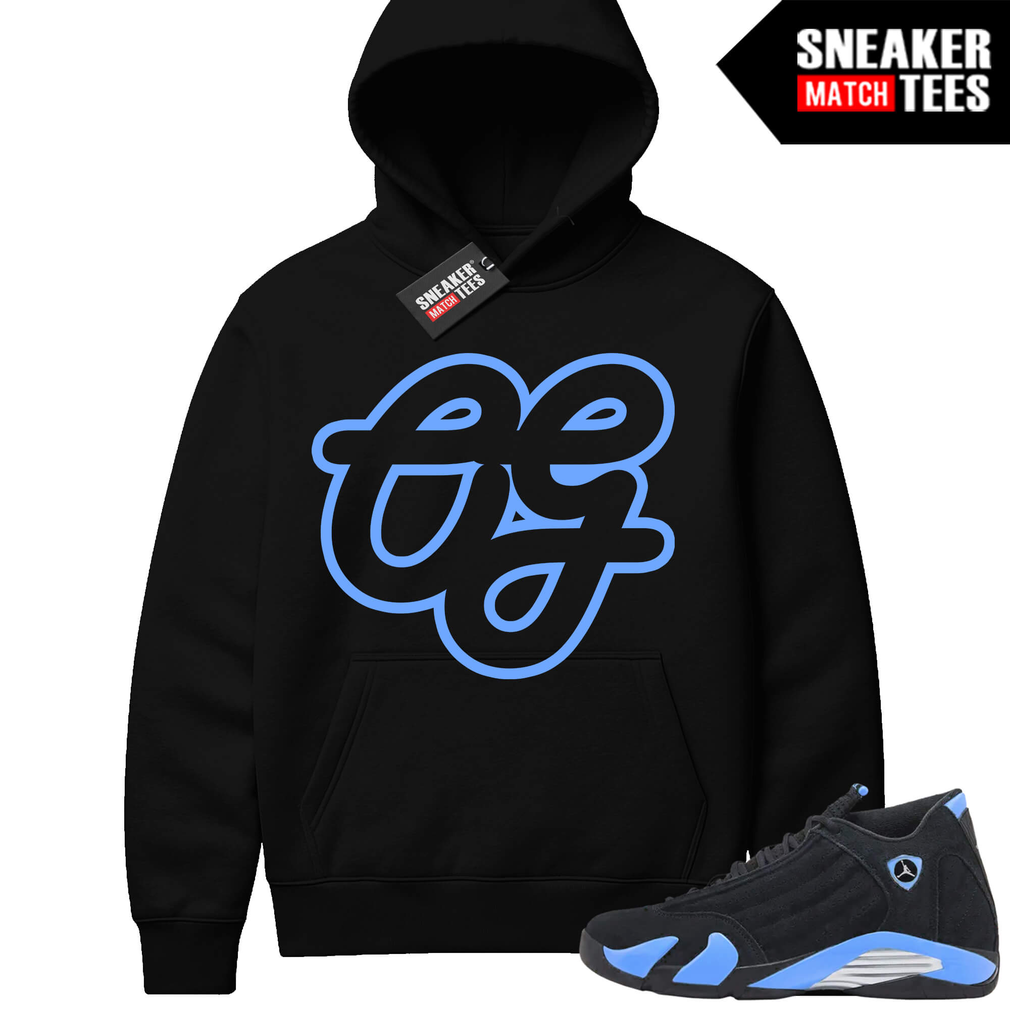 Jordan 14 Black University Blue Sneaker Match Hoodie Black OG Script
