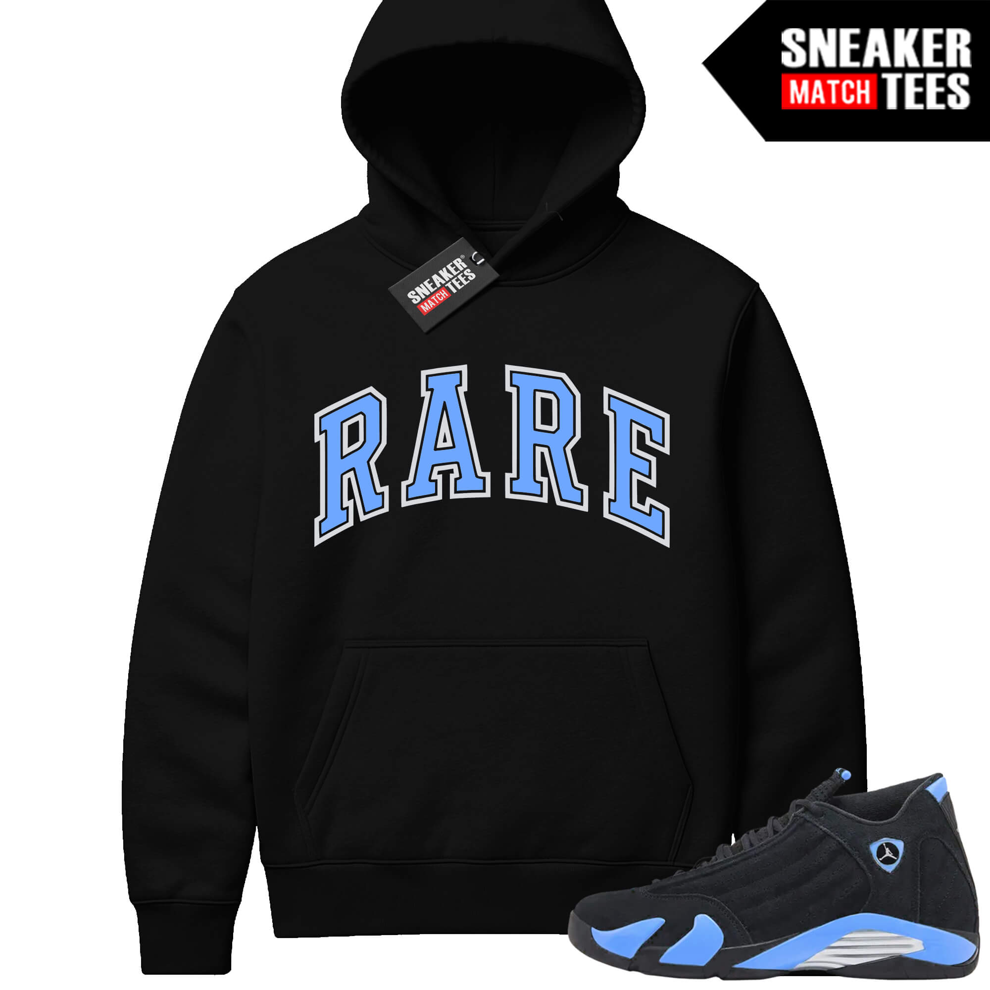 Jordan 14 Black University Blue Sneaker Match Hoodie Black Rare Arch Logo