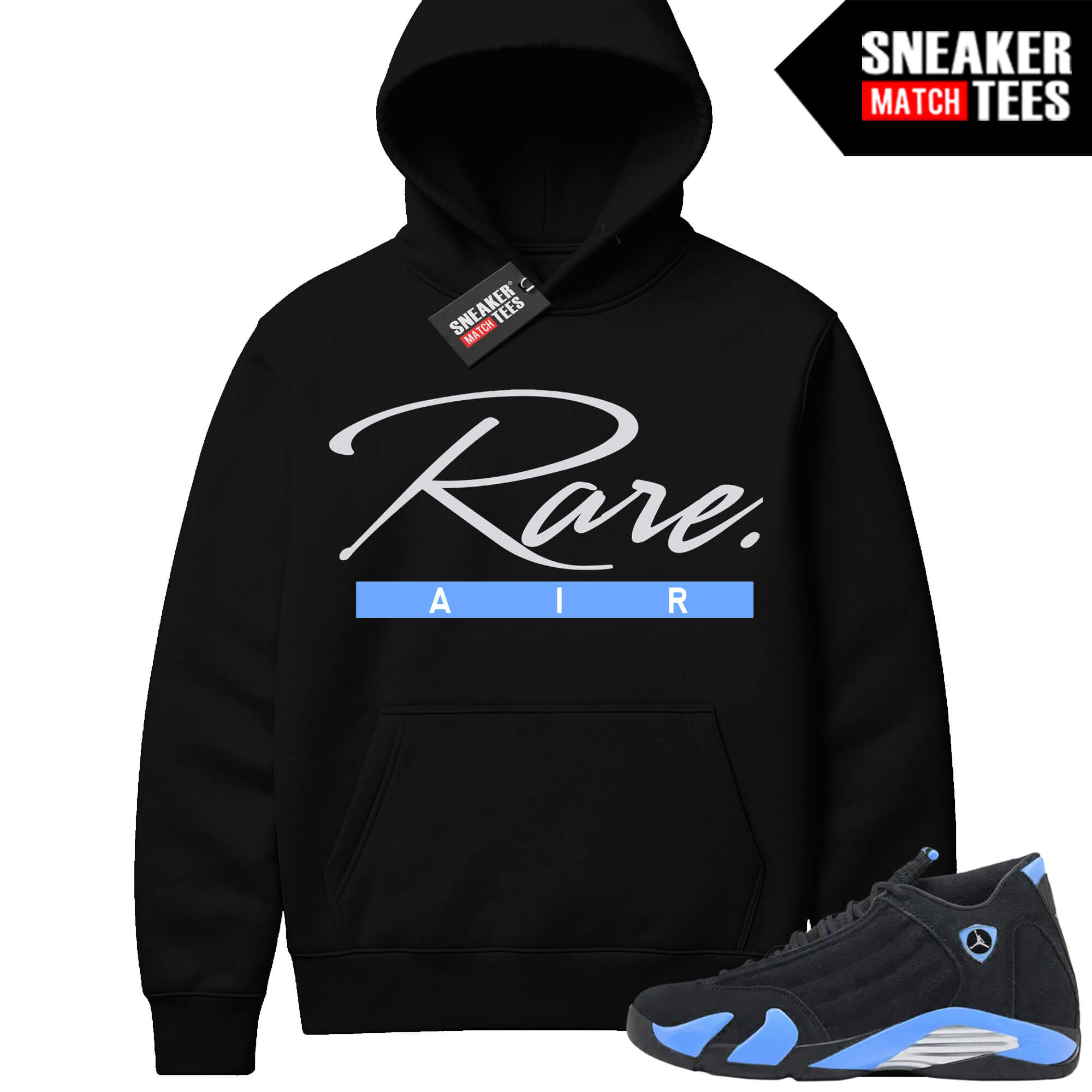 Jordan 14 Black University Blue Sneaker Match Hoodie Black Rare Script Logo