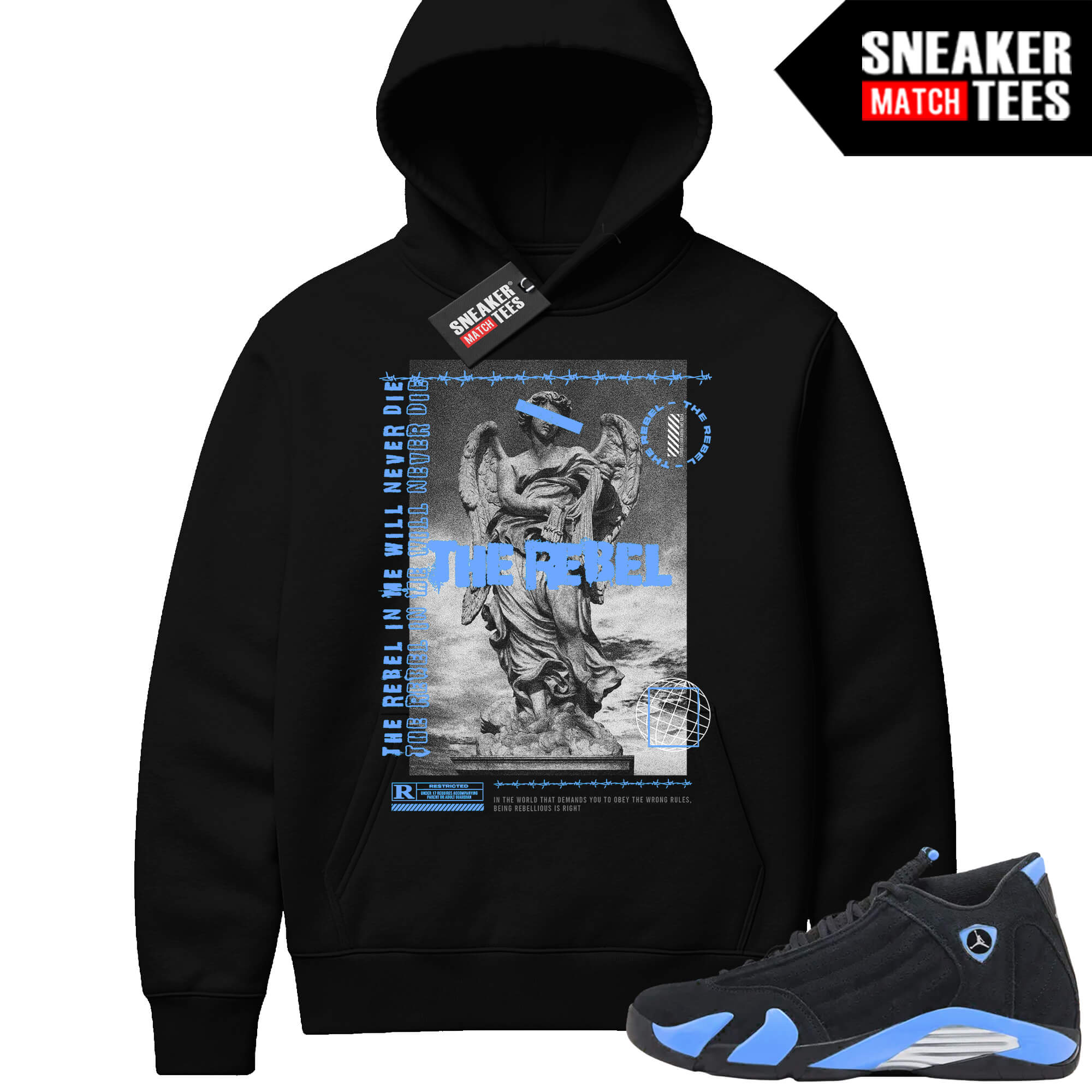 Jordan 14 Black University Blue Sneaker Match Hoodie Black Rebel