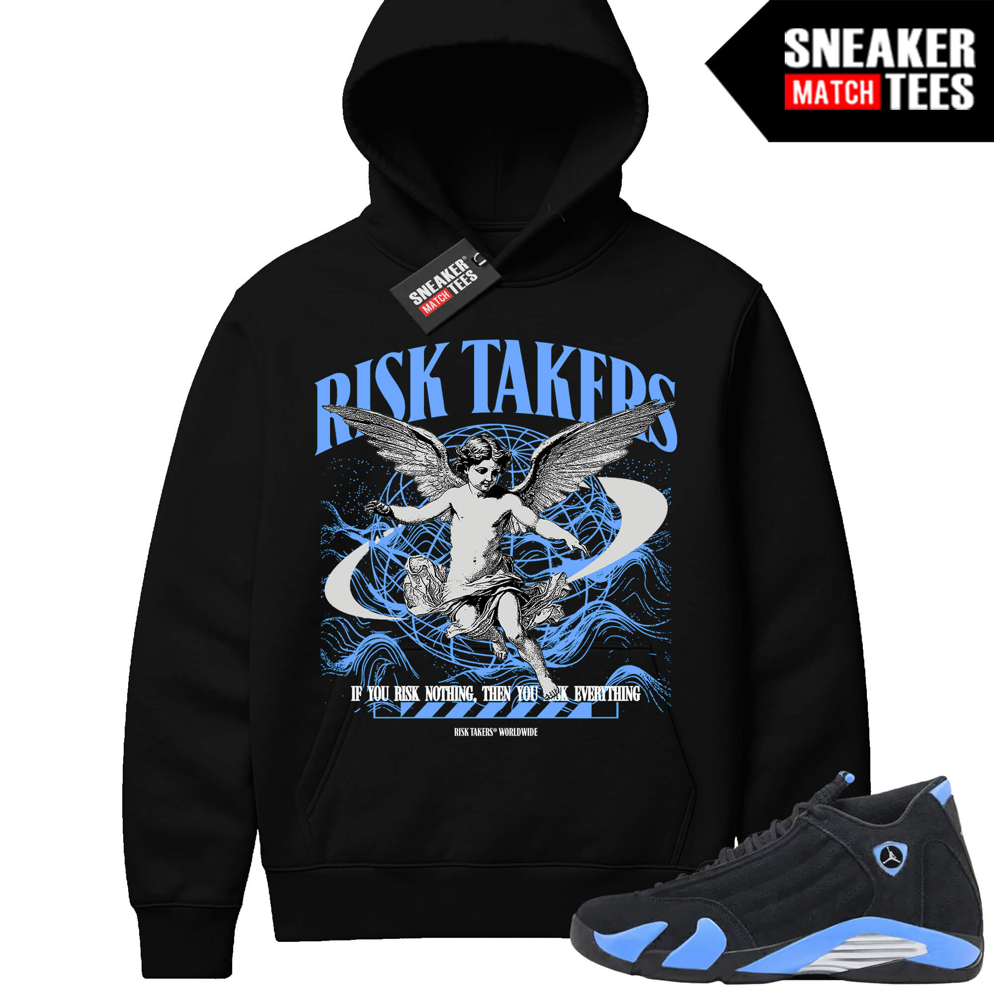 Jordan 14 Black University Blue Sneaker Match Hoodie Black Risktakers Worldwide