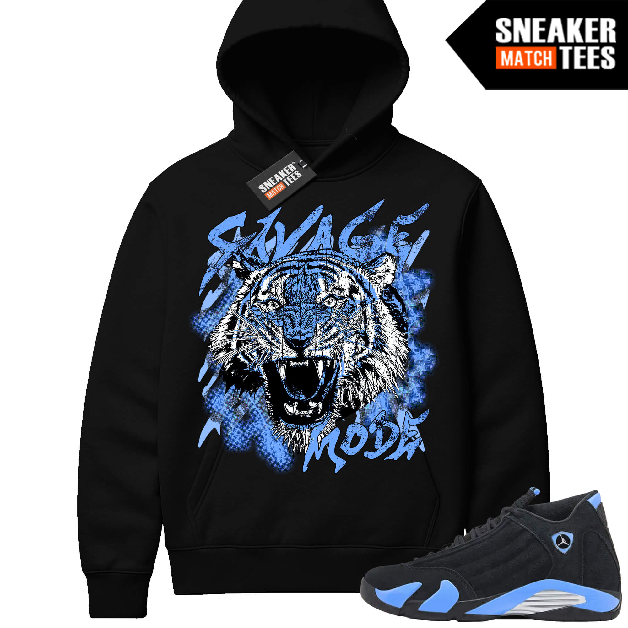 Jordan 14 Black University Blue Sneaker Match Hoodie Black Savage Mode