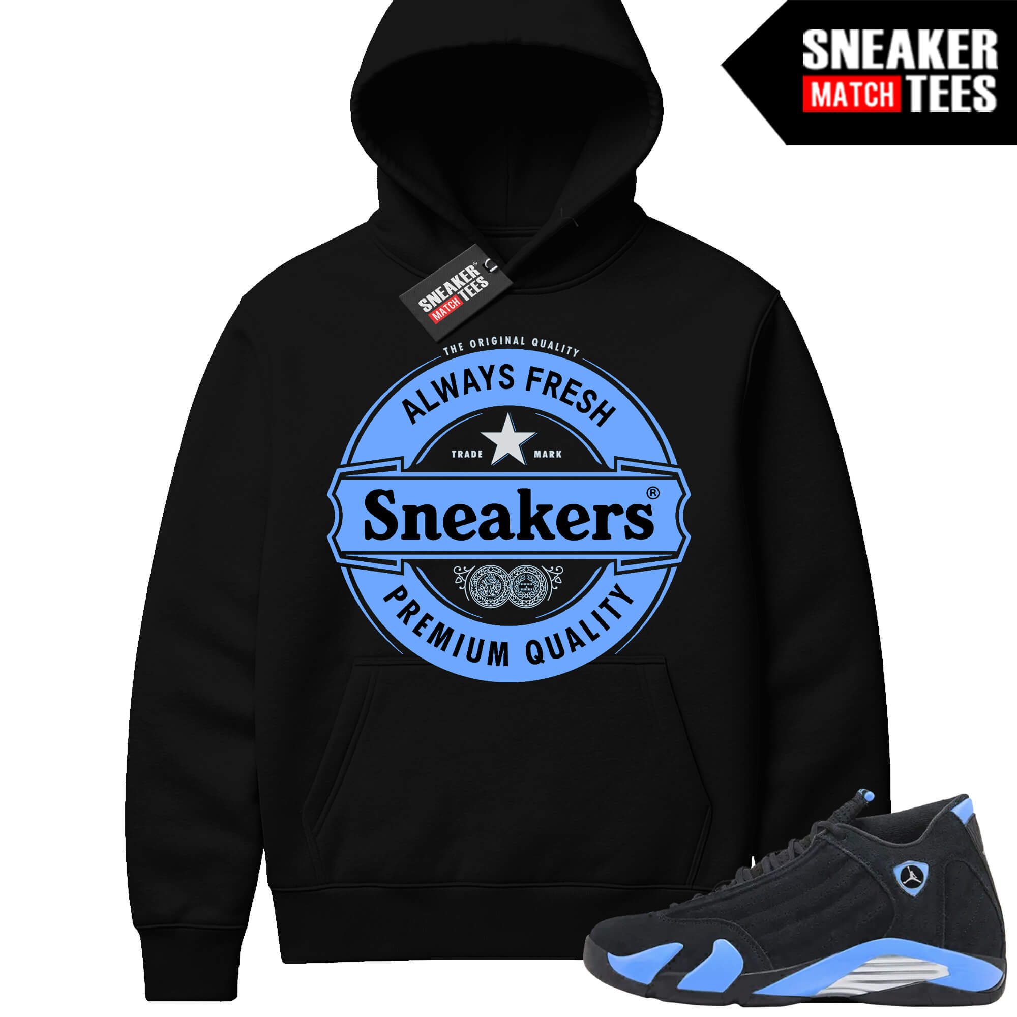Jordan 14 Black University Blue Sneaker Match Hoodie Black Sneakers