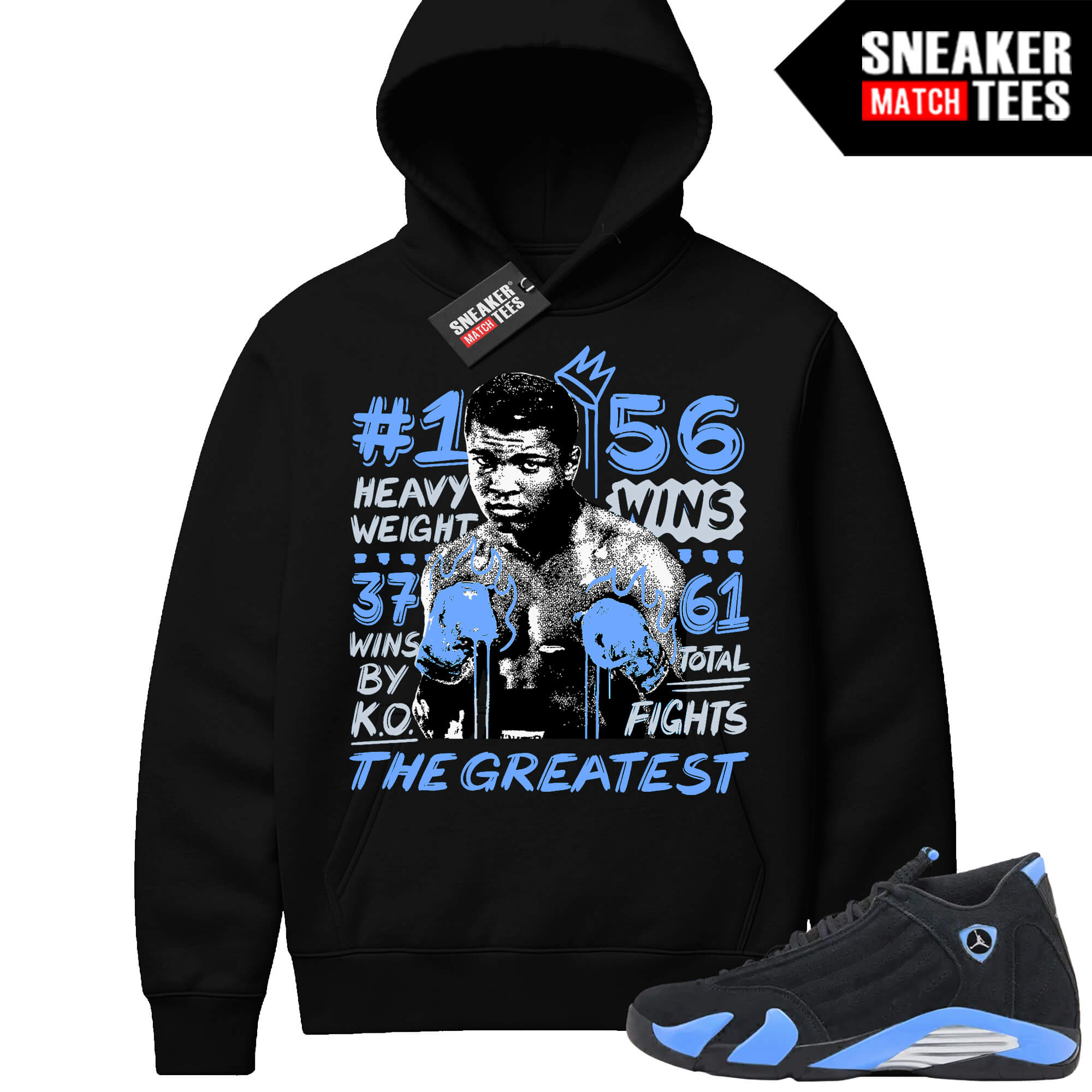 Jordan 14 Black University Blue Sneaker Match Hoodie Black The Greatest