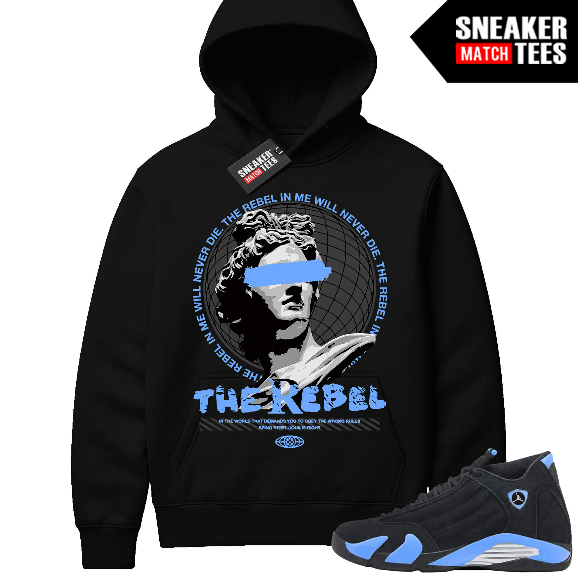 Jordan 14 Black University Blue Sneaker Match Hoodie Black The Rebel In Me