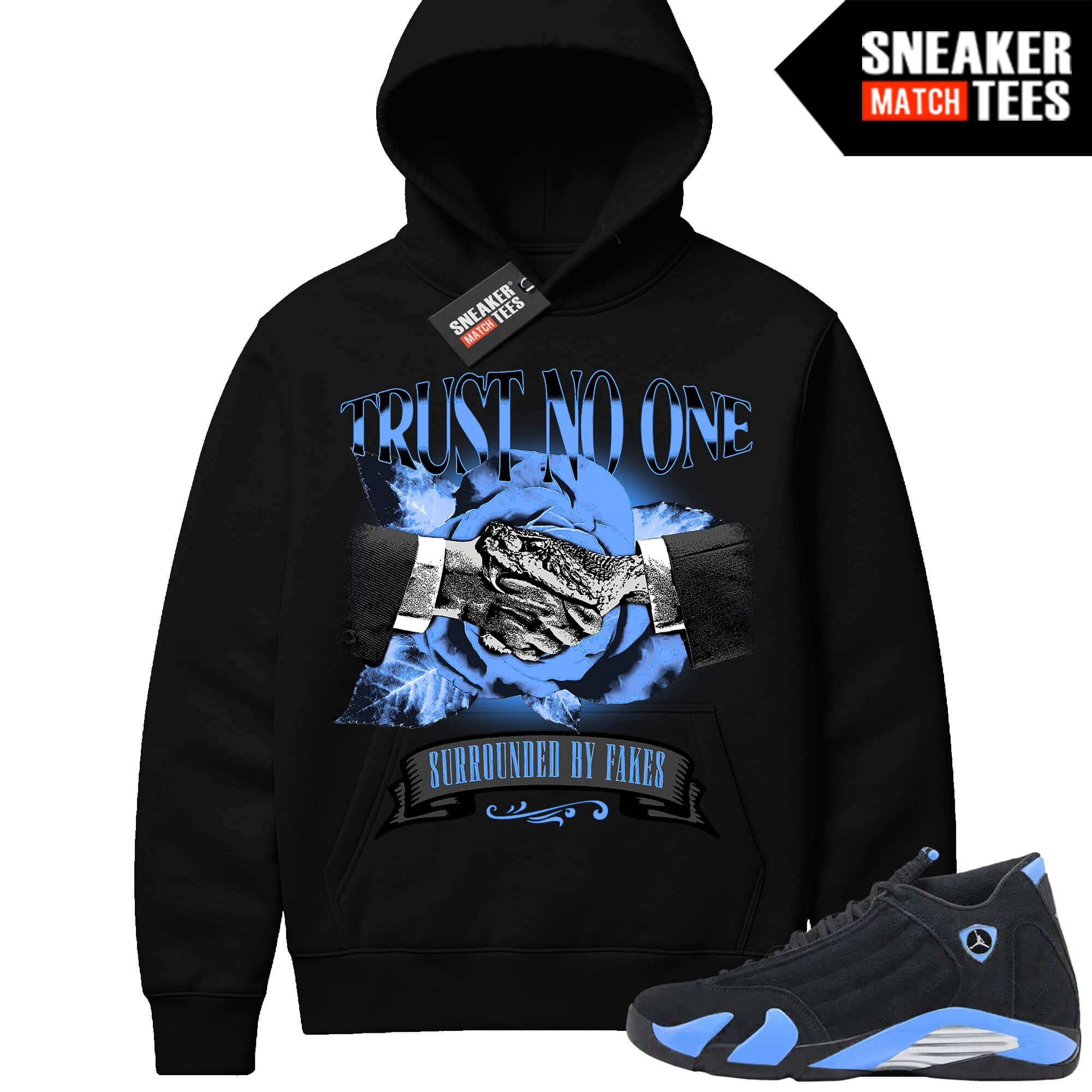 Jordan 14 Black University Blue Sneaker Match Hoodie Black Trust No One Snakes