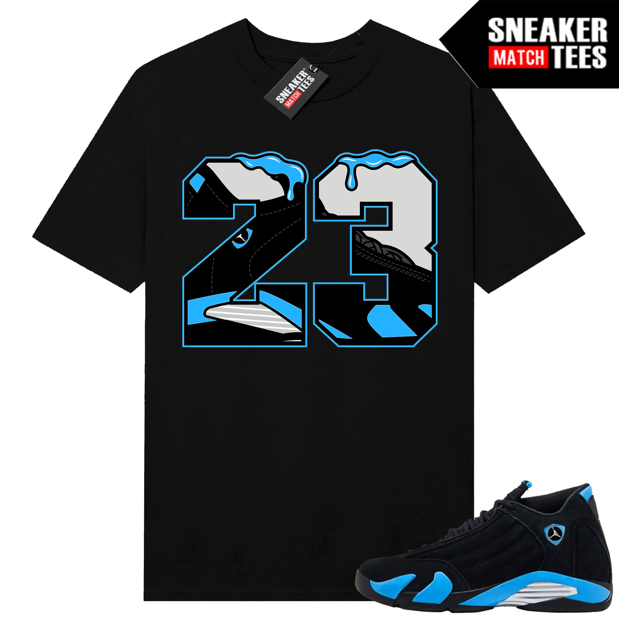 Jordan 14 Black University Blue Sneaker Match Tees Black 23 Drip