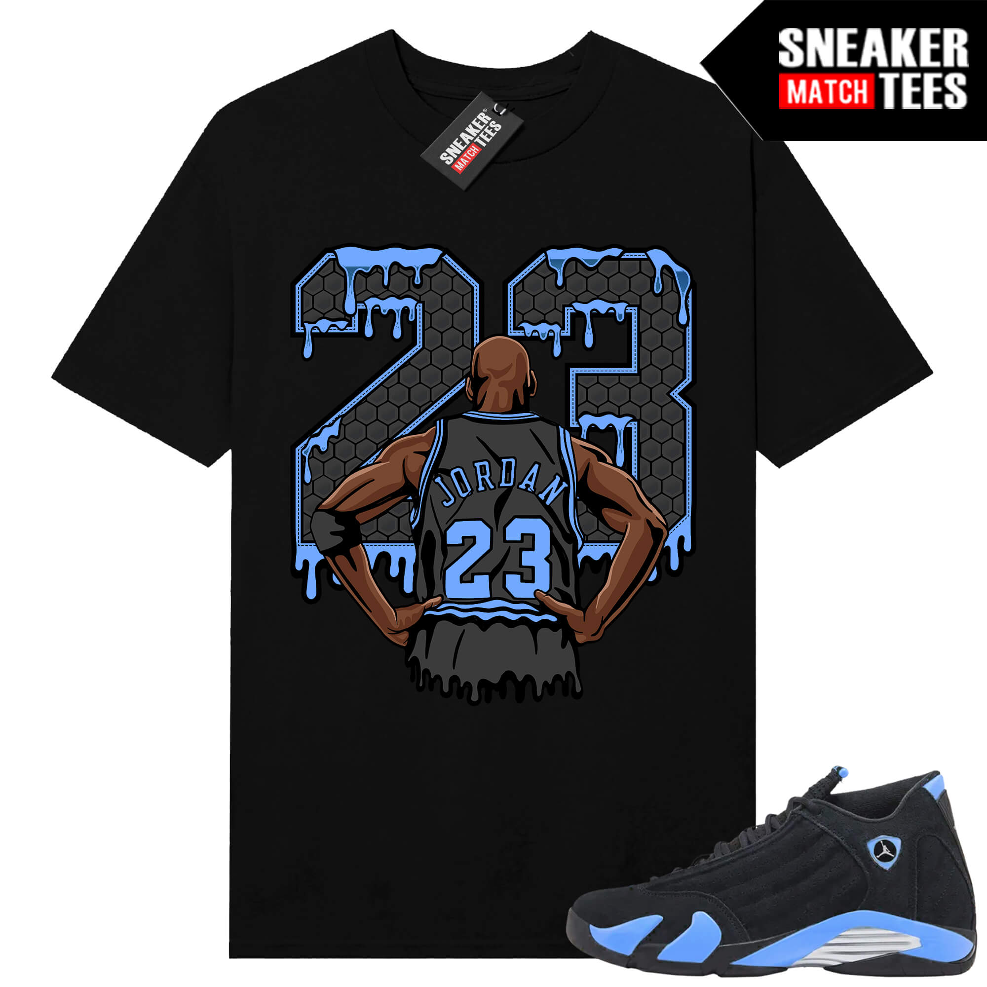 Jordan 14 Black University Blue Sneaker Match Tees Black 23 Is Back