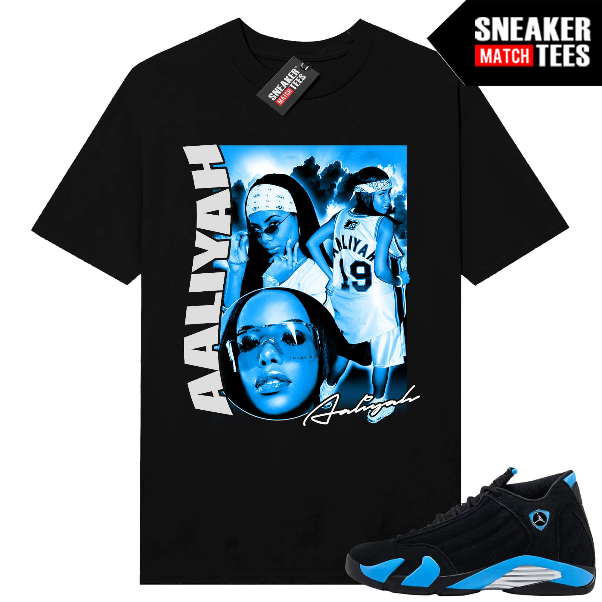 Jordan 14 Black University Blue Sneaker Match Tees Black Aaliyah