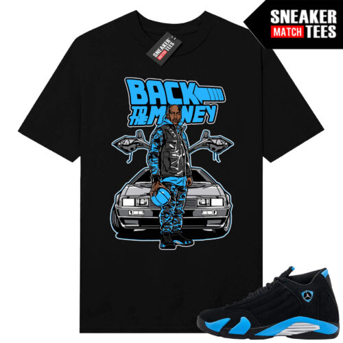 Jordan 14 Black University Blue Sneaker Match Tees Black Back to the Money