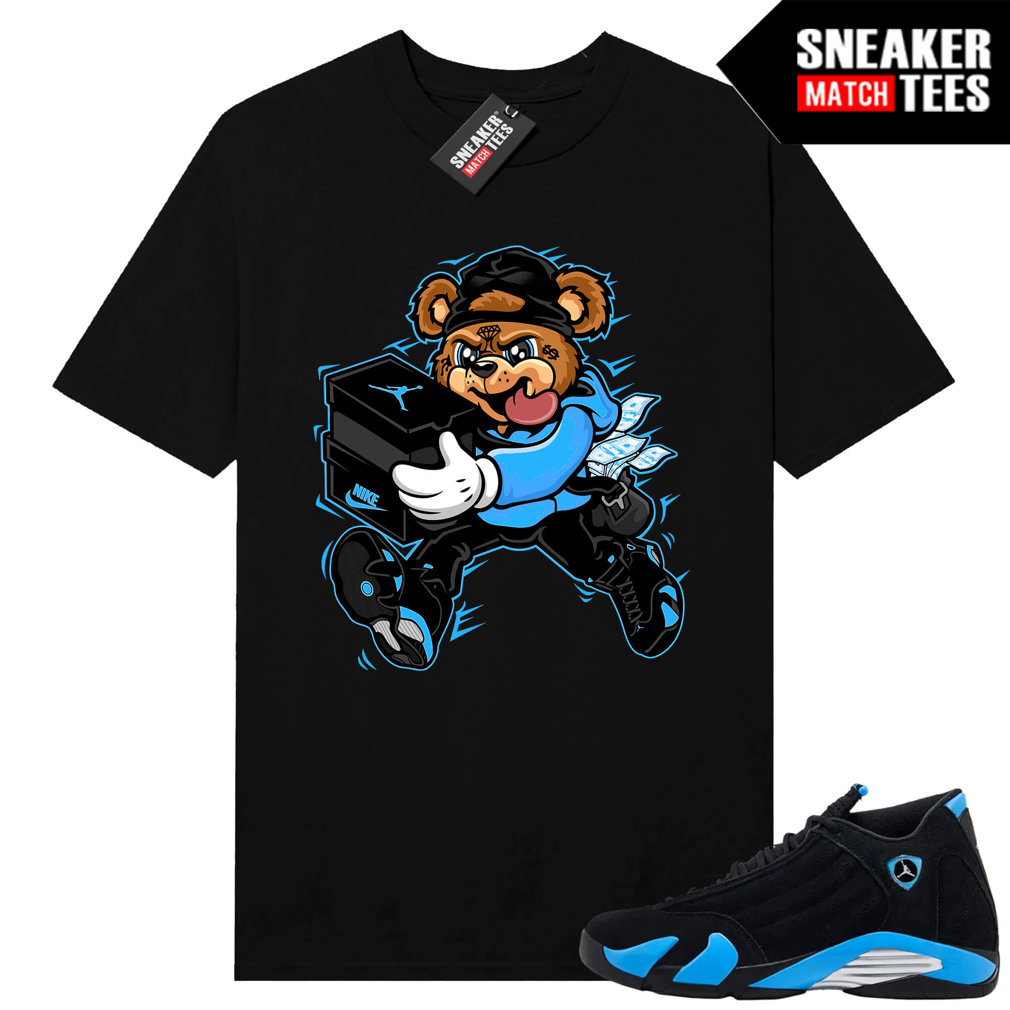 Jordan 14 Black University Blue Sneaker Match Tees Black Bear Sneaker Heist