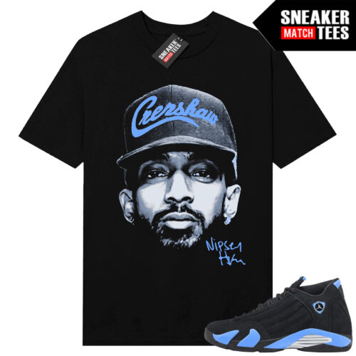 Jordan 14 Black University Blue Sneaker Match Tees Black Big Face Nipsey