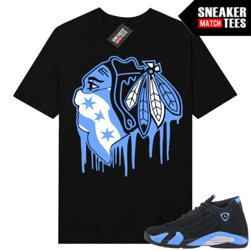Jordan 14 Black University Blue Sneaker Match Tees Black Black hawks Drip