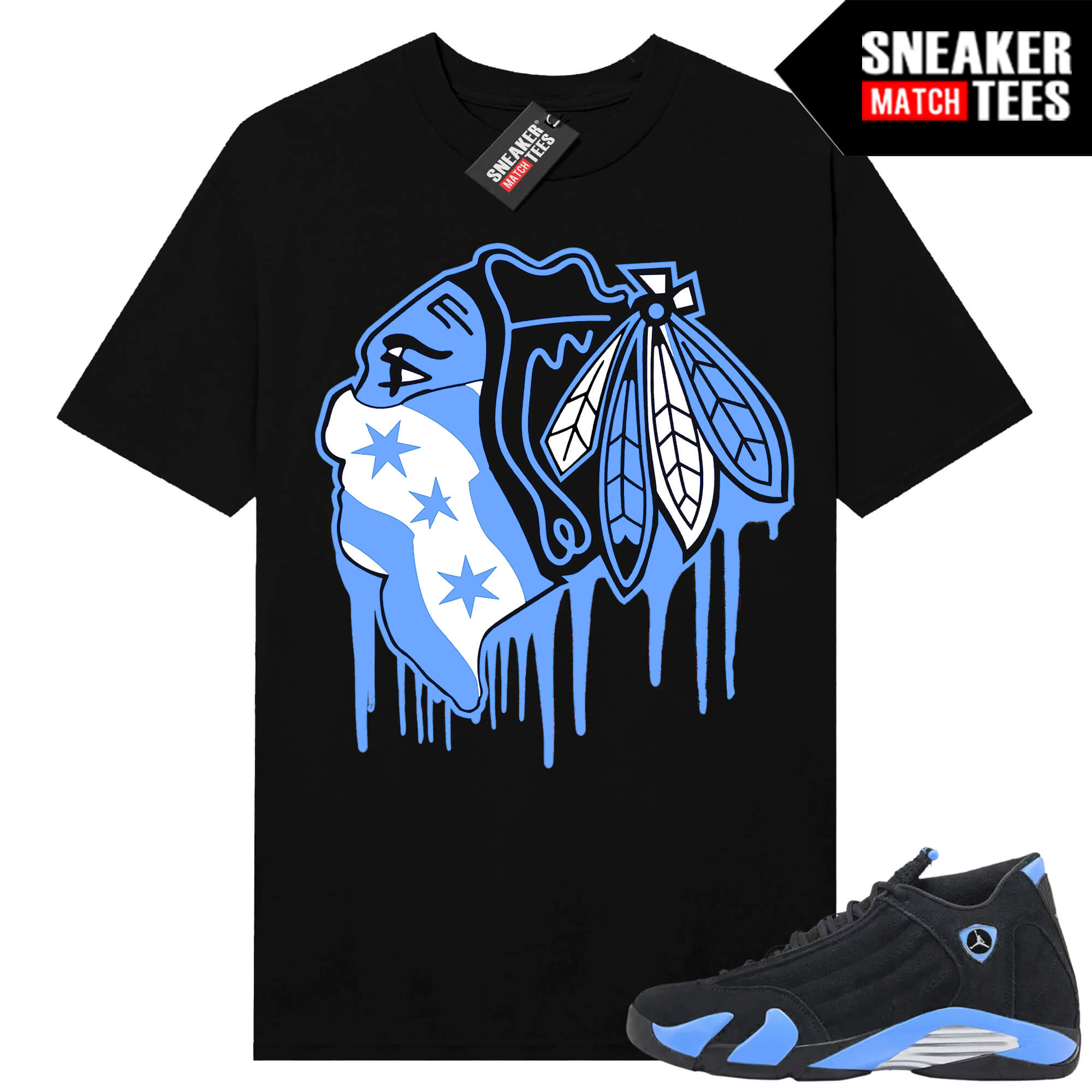 Jordan 14 Black University Blue Sneaker Match Tees Black Black hawks Drip