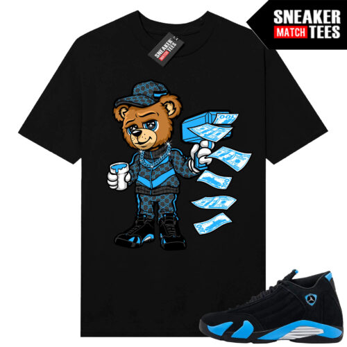 Jordan 14 Black University Blue Sneaker Match Tees Black Cash Canon Bear