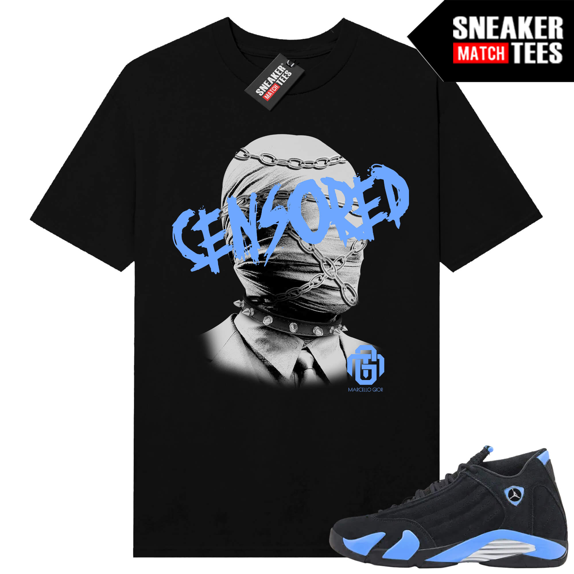 Jordan 14 Black University Blue Sneaker Match Tees Black Censored