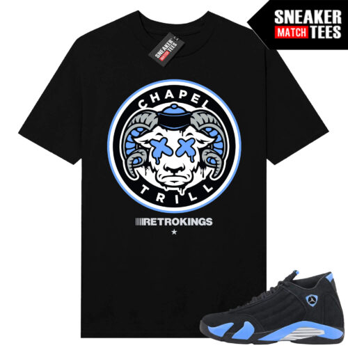 Jordan 14 Black University Blue Sneaker Match Tees Black Chapel Trill